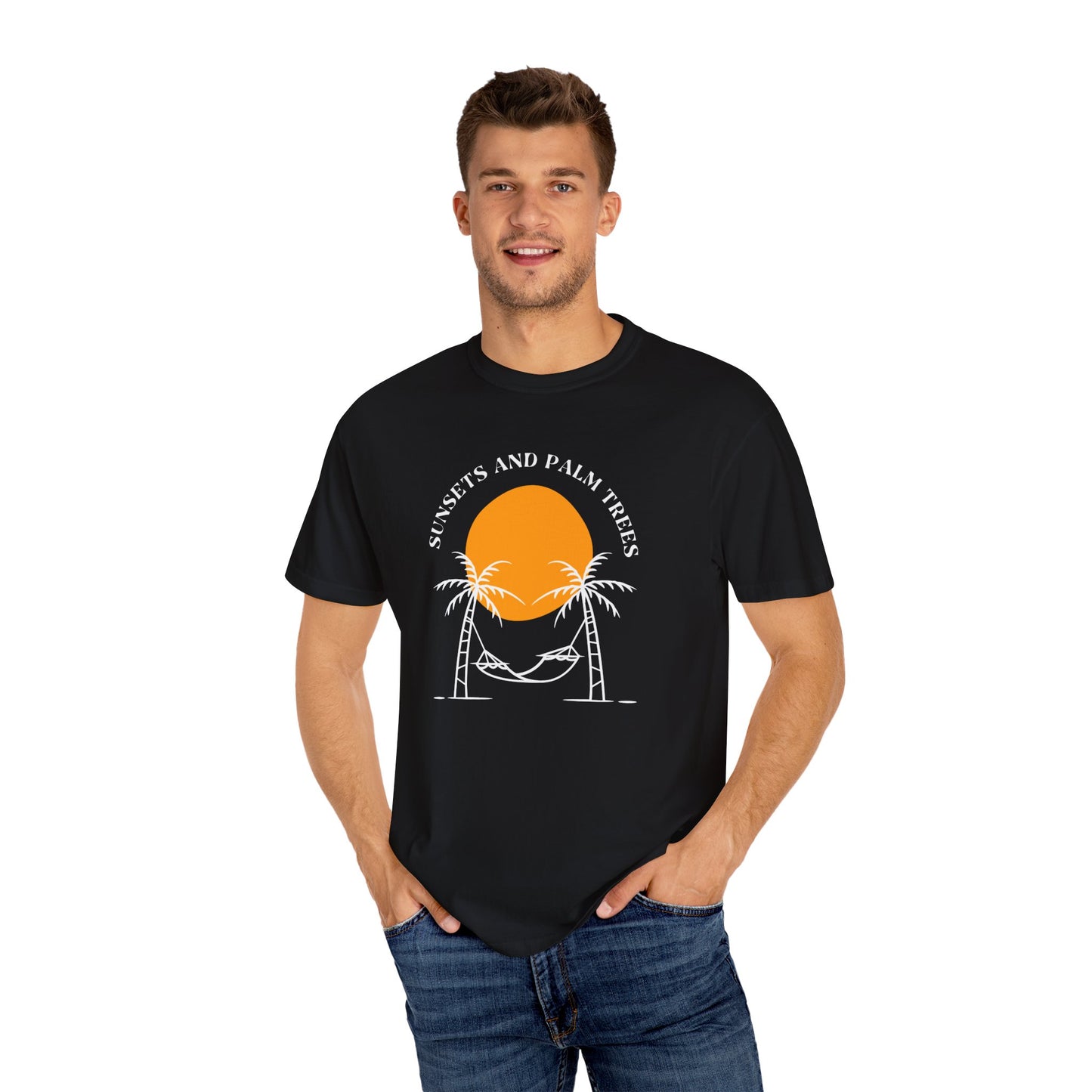 Sunset and Palm Trees T-shirt, Unisex Relaxed Tee, Summer Vibes Shirt, Vacation Attire, Beach Lover Gift, Casual Wear