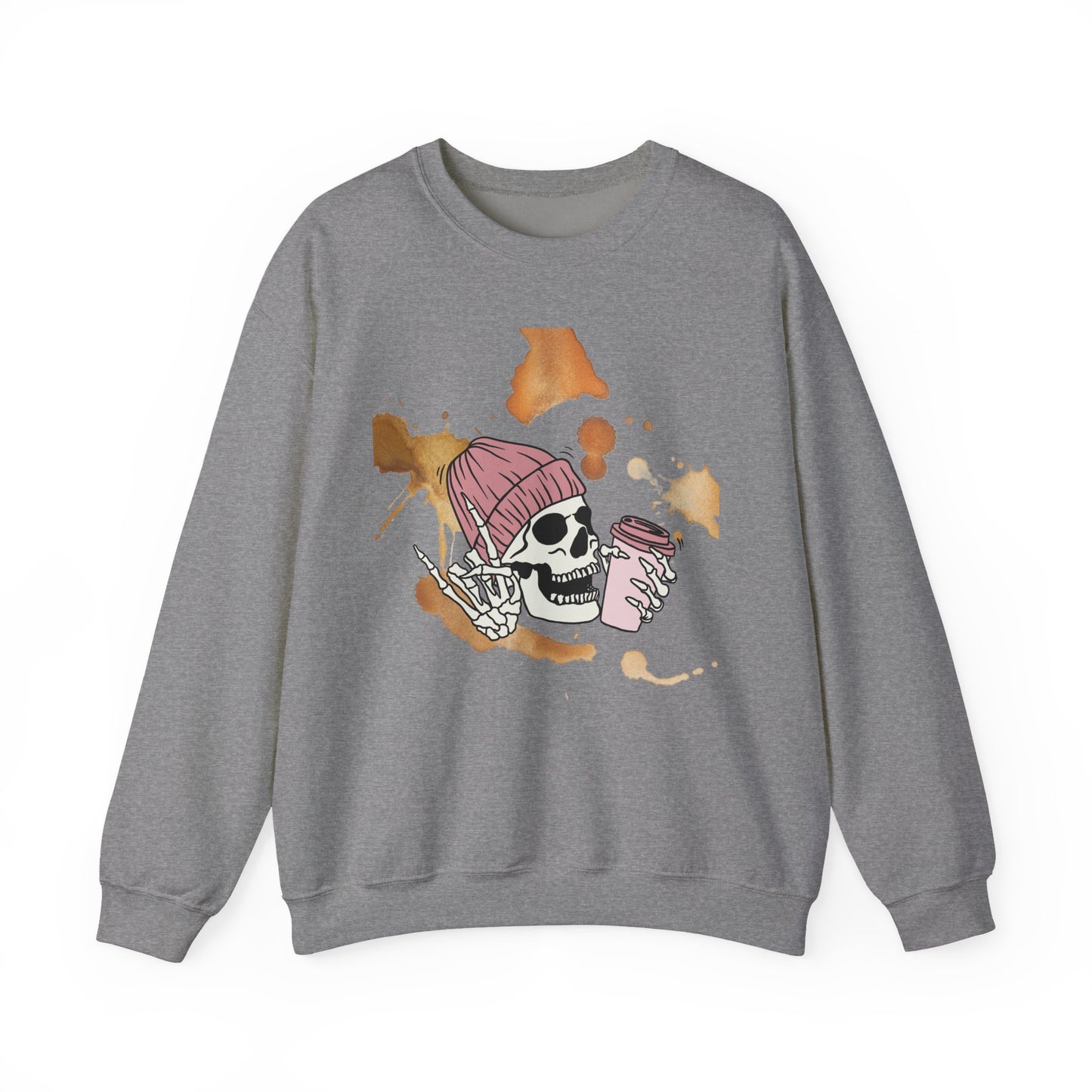 Cool Skull Coffee Sweatshirt, Unisex Crewneck Pullover, Halloween Gift, Cozy Sweatshirt, Edgy Halloween Apparel, Casual Style
