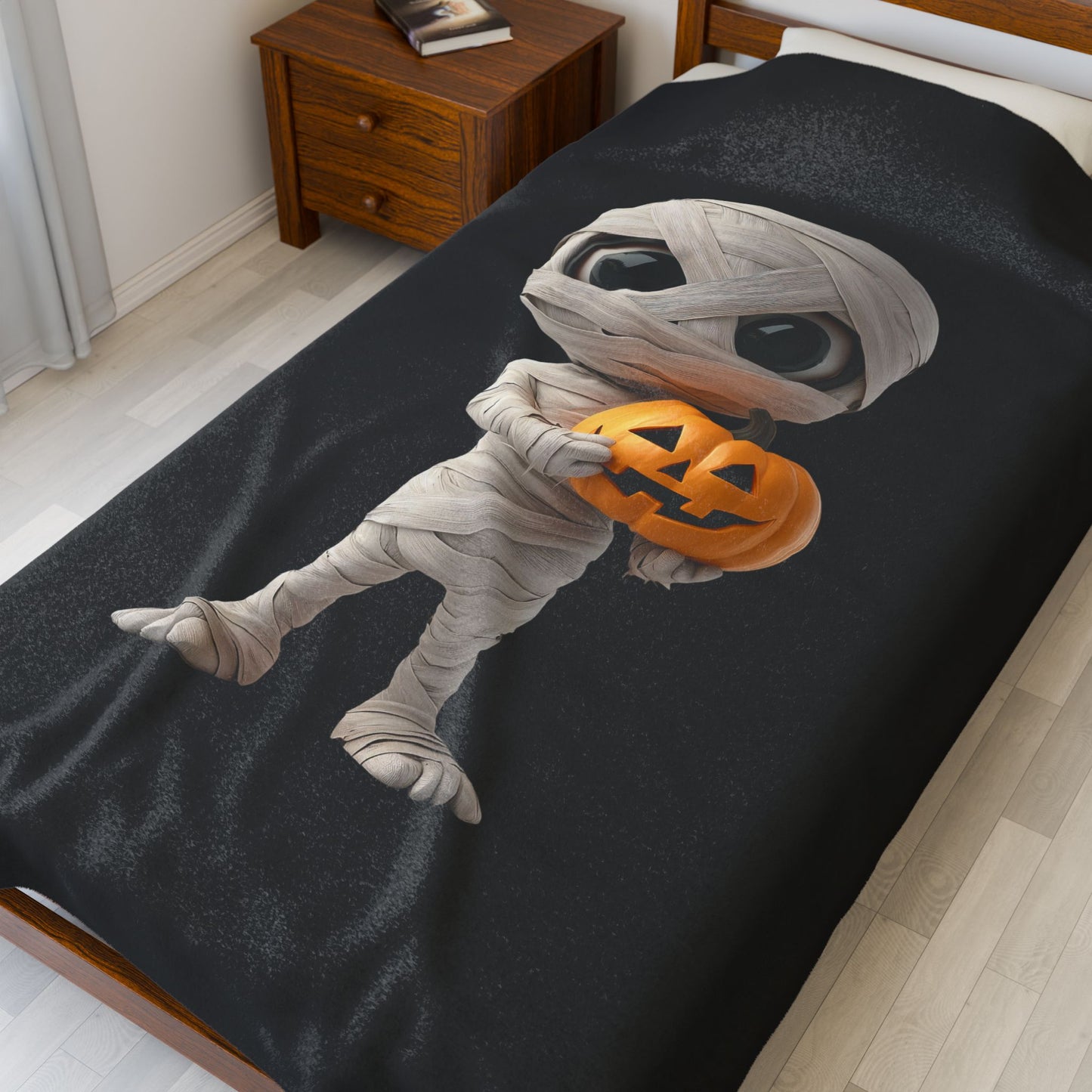 Mummy Pumpkin Halloween Blanket | Cozy Velveteen Plush Throw for Fall, Trick or Treat, Spooky Decor, Kid's Room, Halloween Gift
