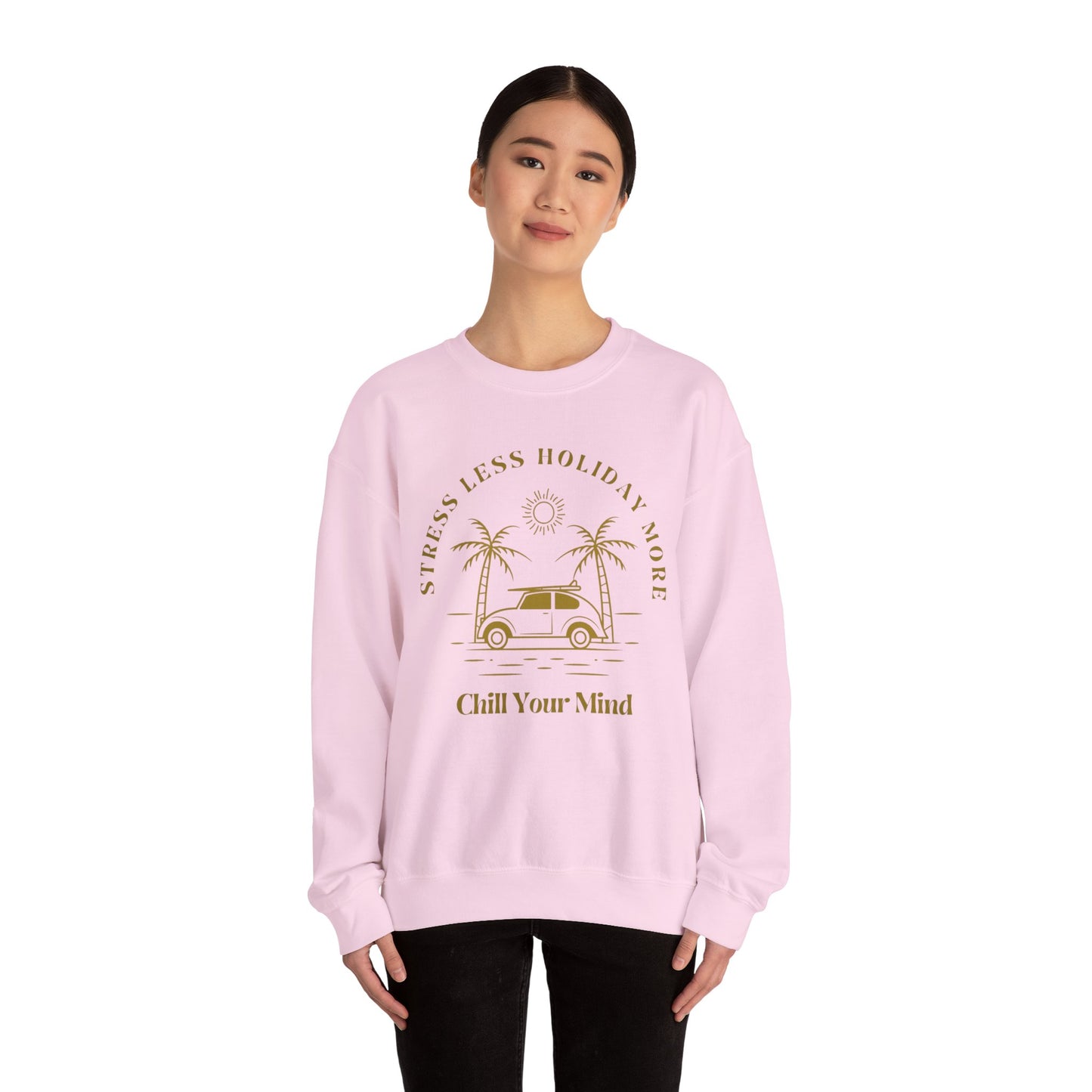 Stress Less Holiday Crewneck Sweatshirt, Relaxed Unisex Sweatshirt, Chill Your Mind Pullover, Vacation Vibe Apparel, Gift for Travelers