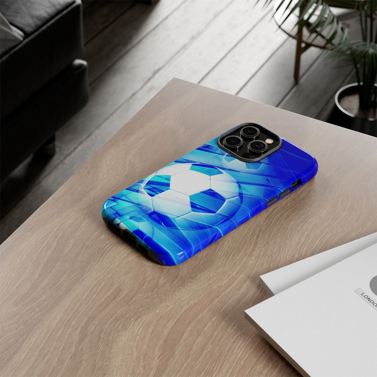 Soccer Phone Case with Tough Design, Blue Soccer Graphic Cover, Sporty Gift, Athletic Accessory, Youthful Decor, Durable Protection