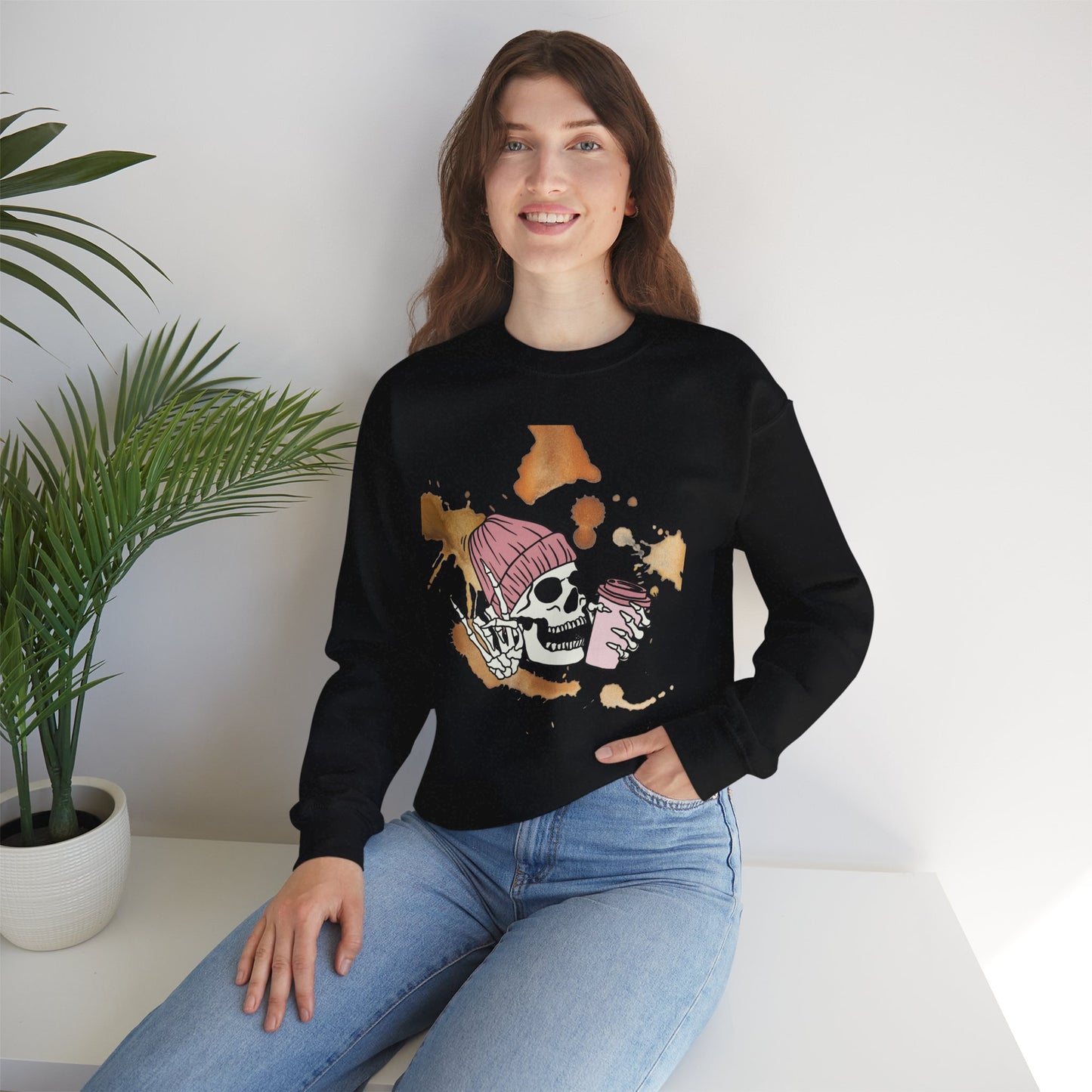 Cool Skull Coffee Sweatshirt, Unisex Crewneck Pullover, Halloween Gift, Cozy Sweatshirt, Edgy Halloween Apparel, Casual Style