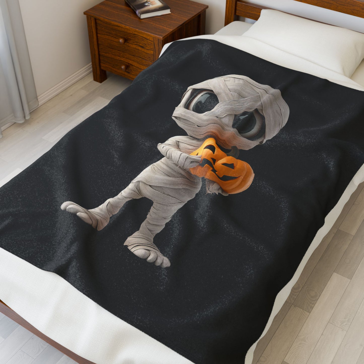Mummy Pumpkin Halloween Blanket | Cozy Velveteen Plush Throw for Fall, Trick or Treat, Spooky Decor, Kid's Room, Halloween Gift