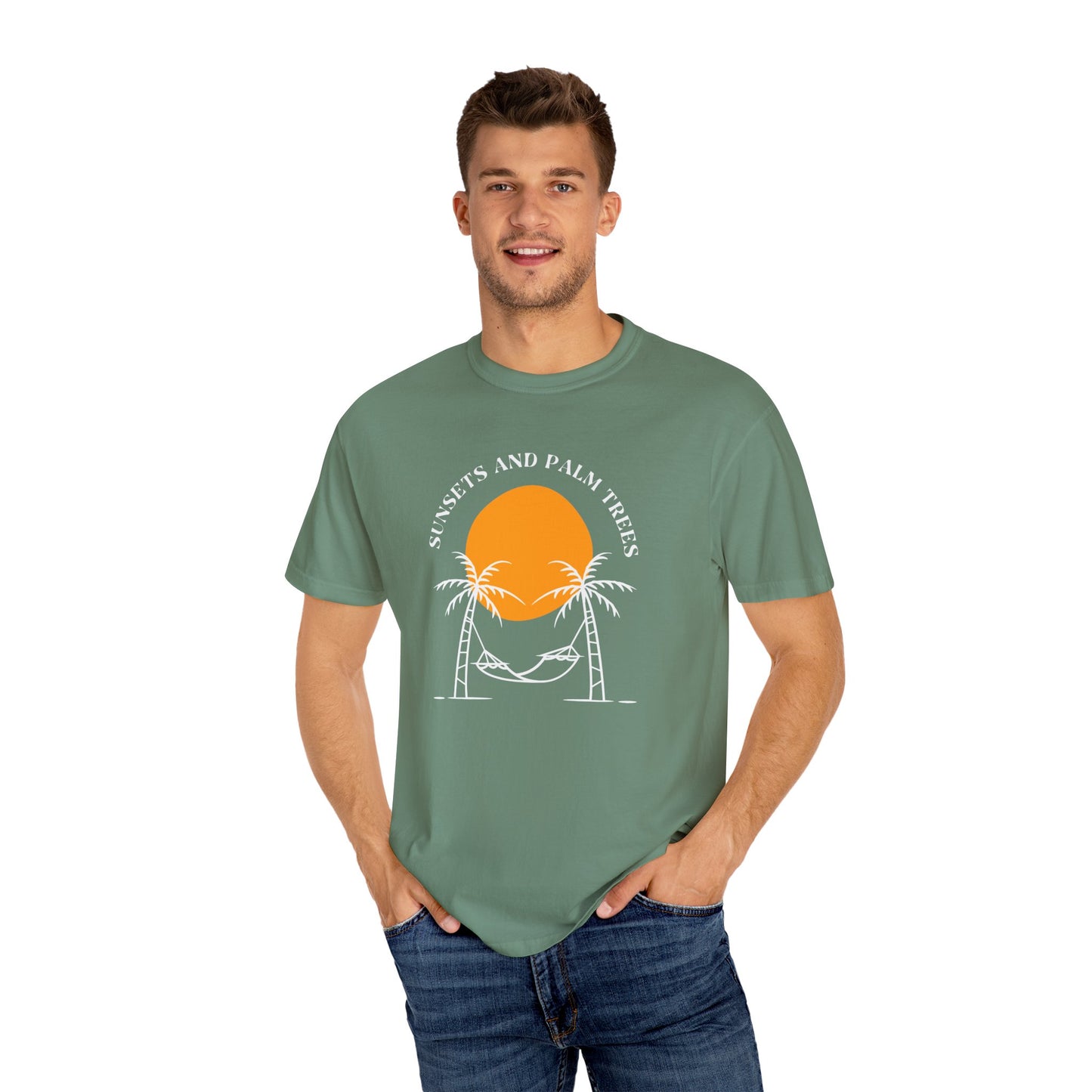 Sunset and Palm Trees T-shirt, Unisex Relaxed Tee, Summer Vibes Shirt, Vacation Attire, Beach Lover Gift, Casual Wear