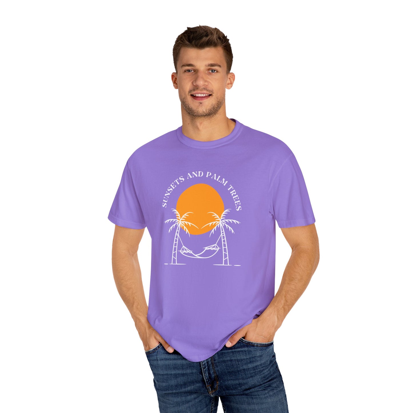 Sunset and Palm Trees T-shirt, Unisex Relaxed Tee, Summer Vibes Shirt, Vacation Attire, Beach Lover Gift, Casual Wear