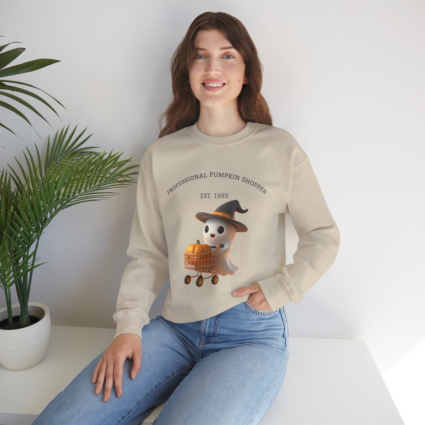 Cute Halloween Ghost Shopper Sweatshirt - Professional Pumpkin Shopper, Cozy Fall Apparel, Unisex Sweatshirt, Halloween Gift, Seasonal Fashion