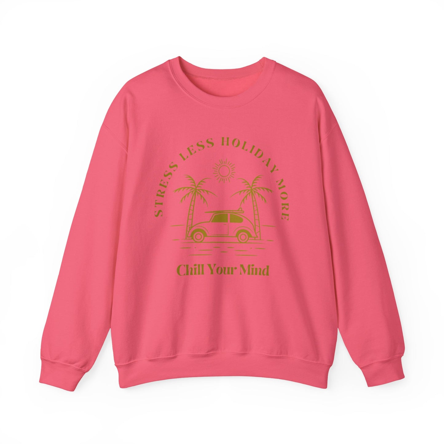 Stress Less Holiday Crewneck Sweatshirt, Relaxed Unisex Sweatshirt, Chill Your Mind Pullover, Vacation Vibe Apparel, Gift for Travelers