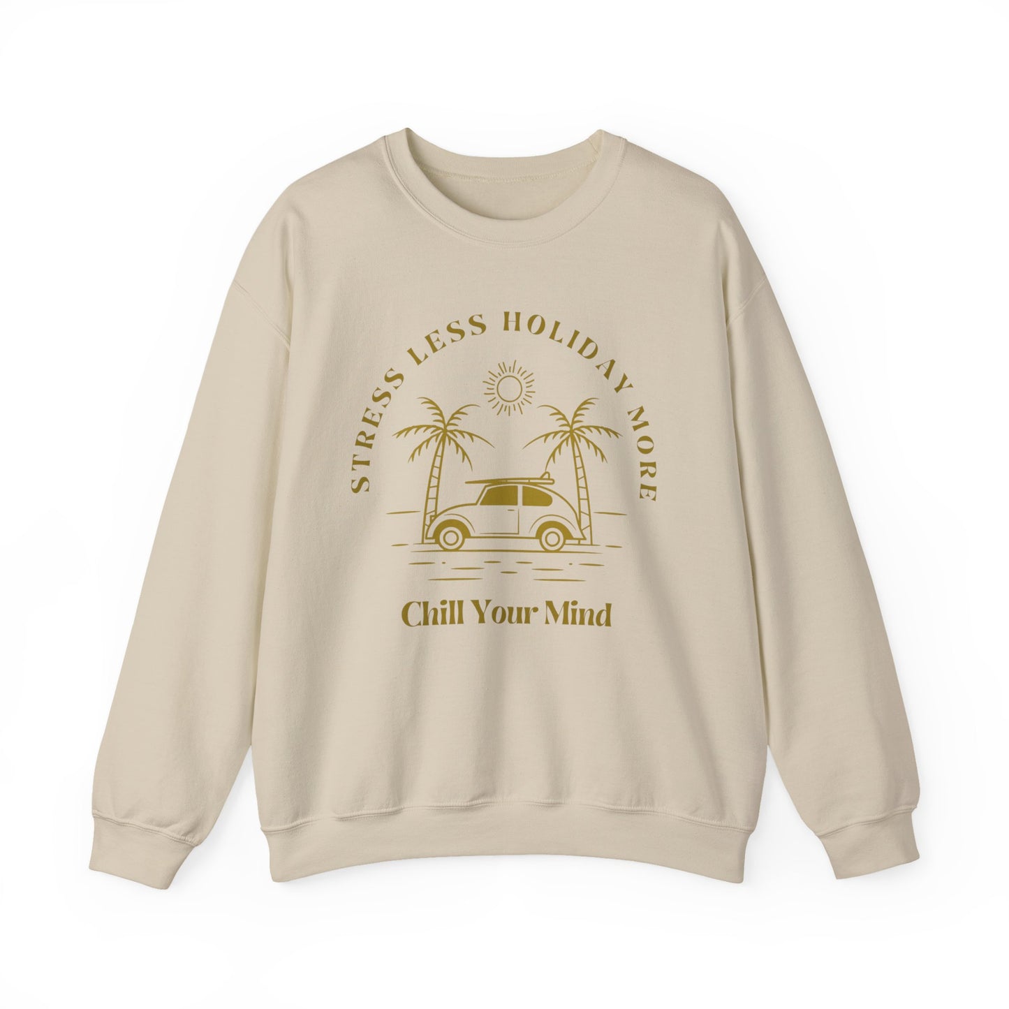 Stress Less Holiday Crewneck Sweatshirt, Relaxed Unisex Sweatshirt, Chill Your Mind Pullover, Vacation Vibe Apparel, Gift for Travelers