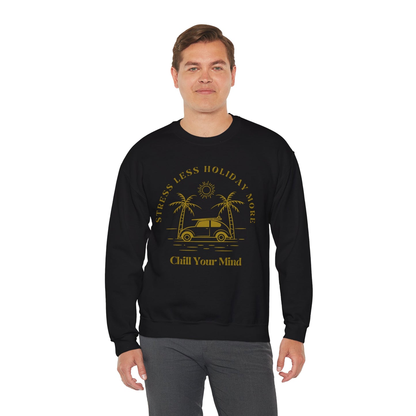 Stress Less Holiday Crewneck Sweatshirt, Relaxed Unisex Sweatshirt, Chill Your Mind Pullover, Vacation Vibe Apparel, Gift for Travelers