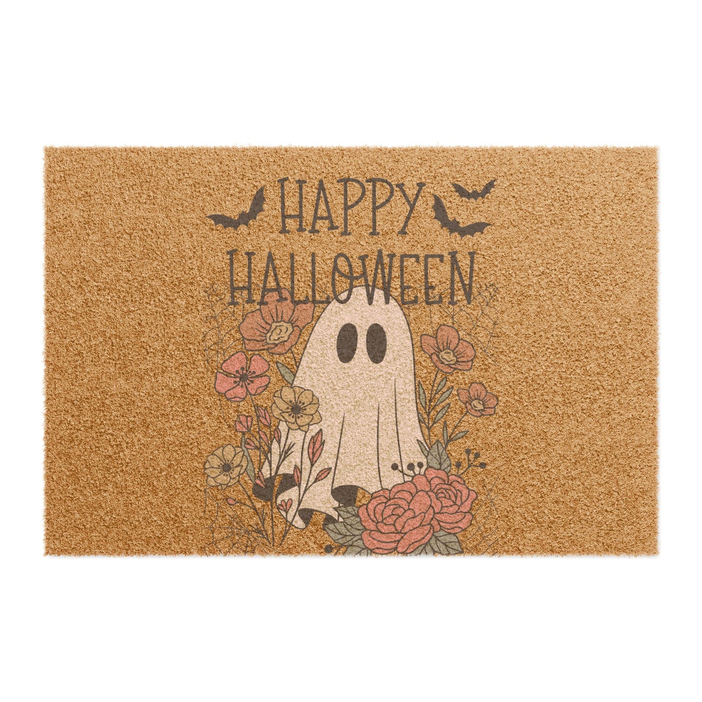 Halloween Doormat with Ghost and Flowers, Spooky Home Decor, Autumn Entrance Mat, Seasonal Welcome Mat, Fall Decoration
