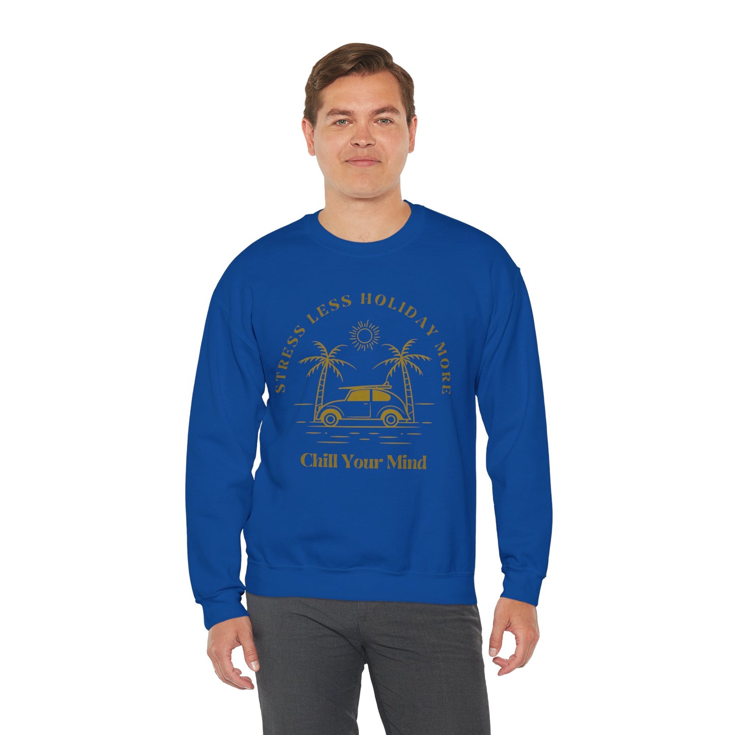 Stress Less Holiday Crewneck Sweatshirt, Relaxed Unisex Sweatshirt, Chill Your Mind Pullover, Vacation Vibe Apparel, Gift for Travelers