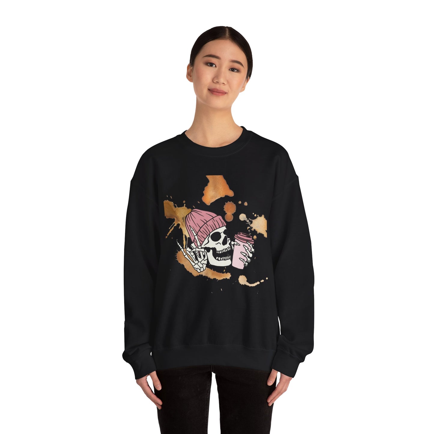 Cool Skull Coffee Sweatshirt, Unisex Crewneck Pullover, Halloween Gift, Cozy Sweatshirt, Edgy Halloween Apparel, Casual Style