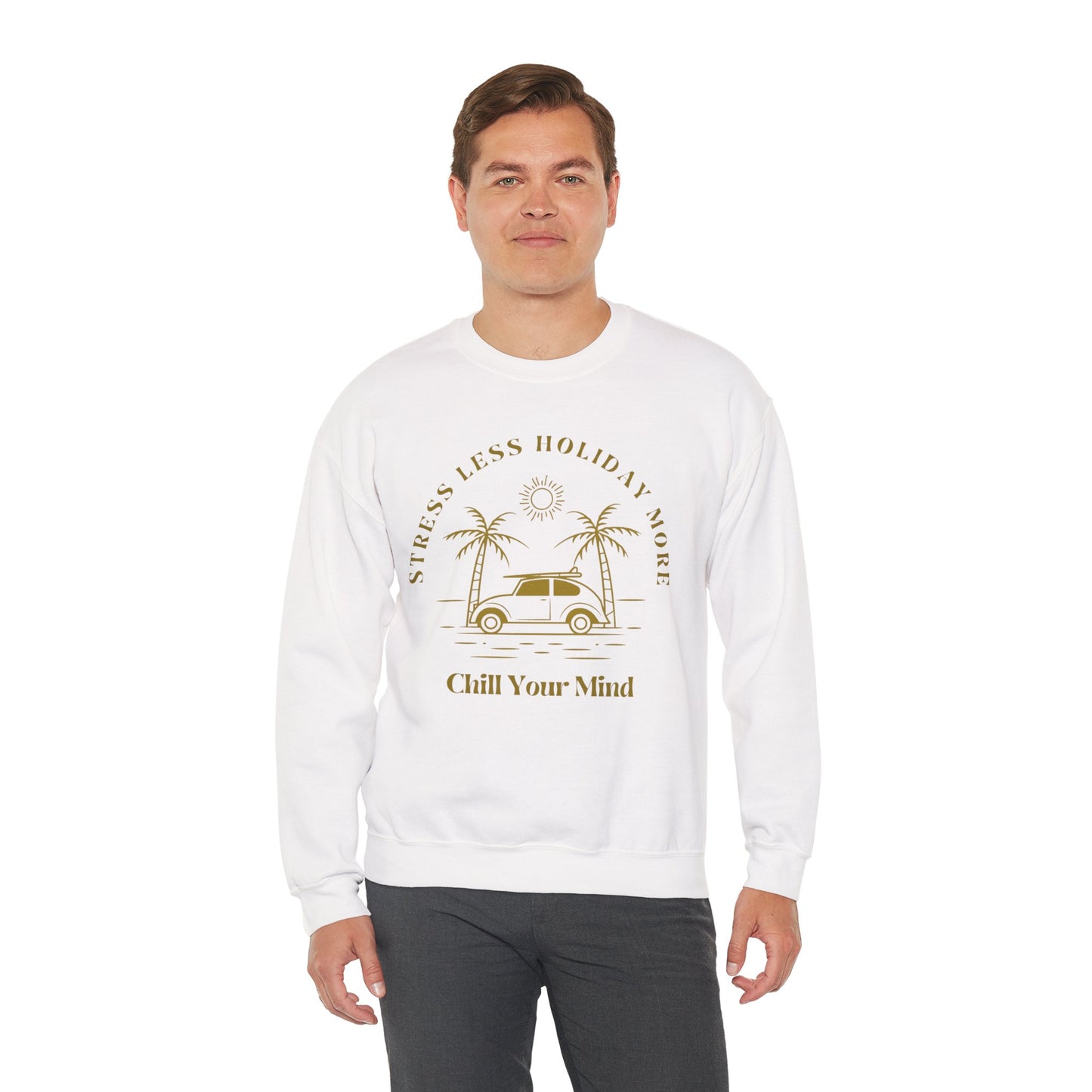 Stress Less Holiday Crewneck Sweatshirt, Relaxed Unisex Sweatshirt, Chill Your Mind Pullover, Vacation Vibe Apparel, Gift for Travelers