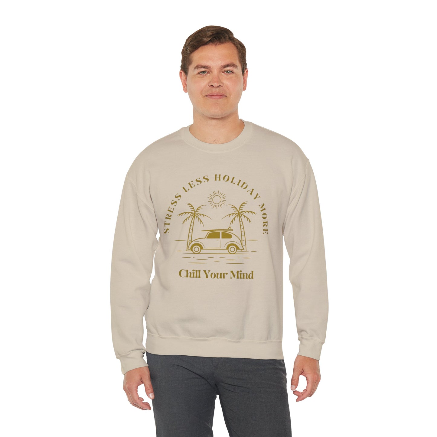 Stress Less Holiday Crewneck Sweatshirt, Relaxed Unisex Sweatshirt, Chill Your Mind Pullover, Vacation Vibe Apparel, Gift for Travelers