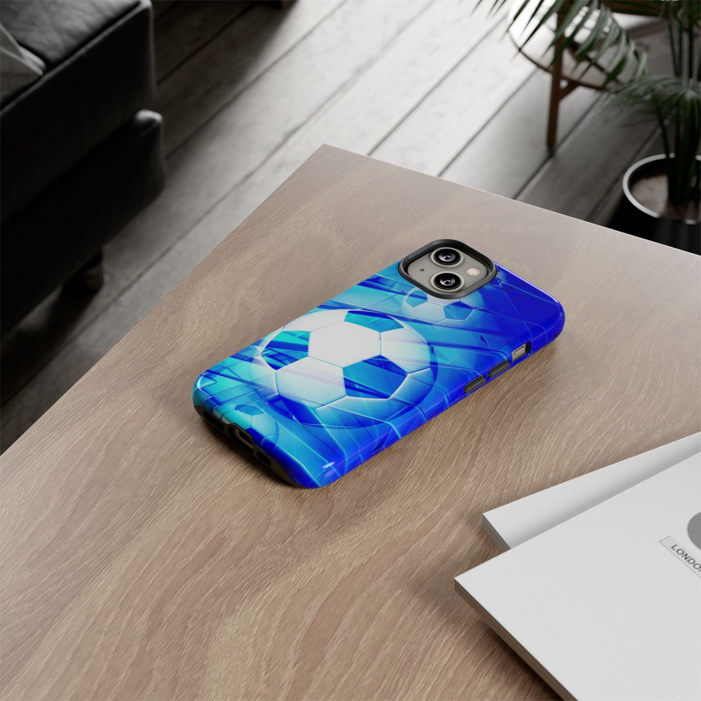 Soccer Phone Case with Tough Design, Blue Soccer Graphic Cover, Sporty Gift, Athletic Accessory, Youthful Decor, Durable Protection