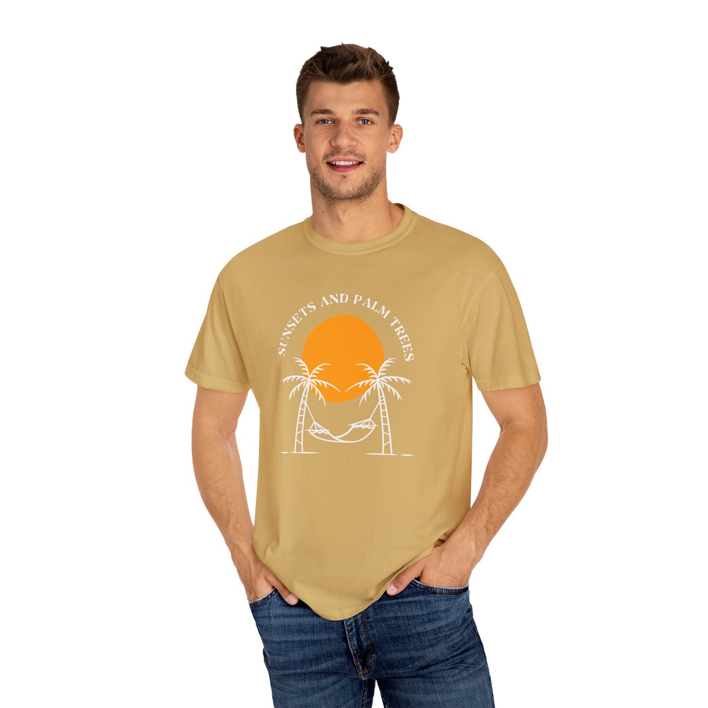 Sunset and Palm Trees T-shirt, Unisex Relaxed Tee, Summer Vibes Shirt, Vacation Attire, Beach Lover Gift, Casual Wear