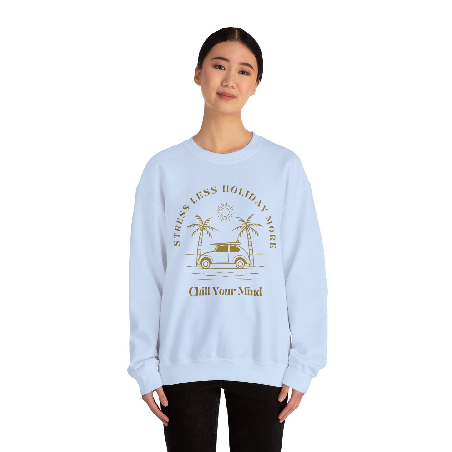 Stress Less Holiday Crewneck Sweatshirt, Relaxed Unisex Sweatshirt, Chill Your Mind Pullover, Vacation Vibe Apparel, Gift for Travelers