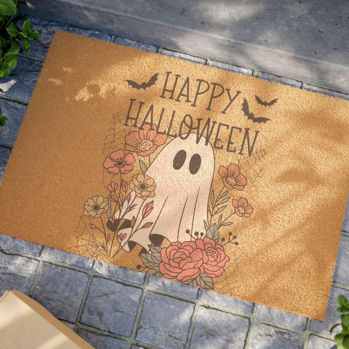 Halloween Doormat with Ghost and Flowers, Spooky Home Decor, Autumn Entrance Mat, Seasonal Welcome Mat, Fall Decoration