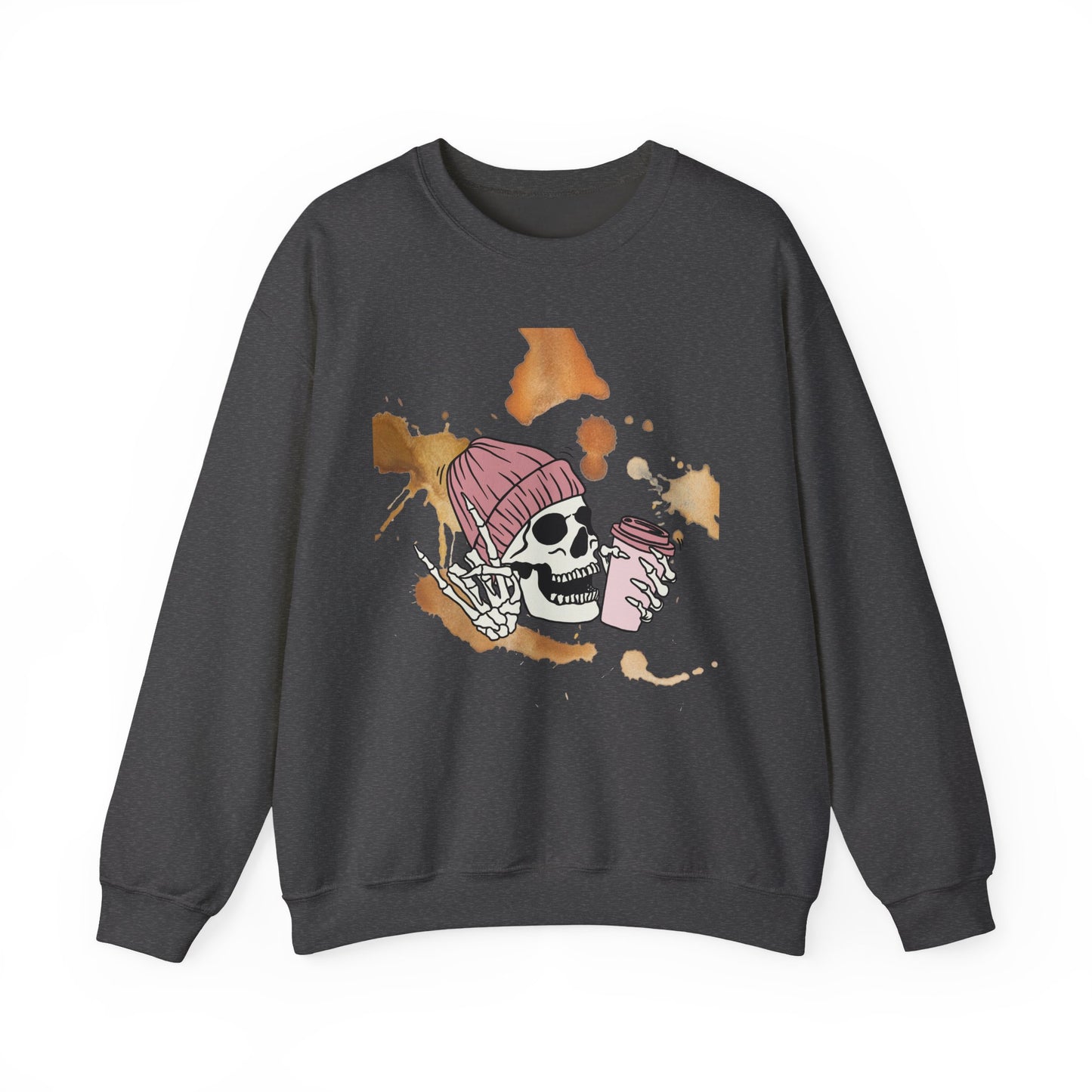 Cool Skull Coffee Sweatshirt, Unisex Crewneck Pullover, Halloween Gift, Cozy Sweatshirt, Edgy Halloween Apparel, Casual Style
