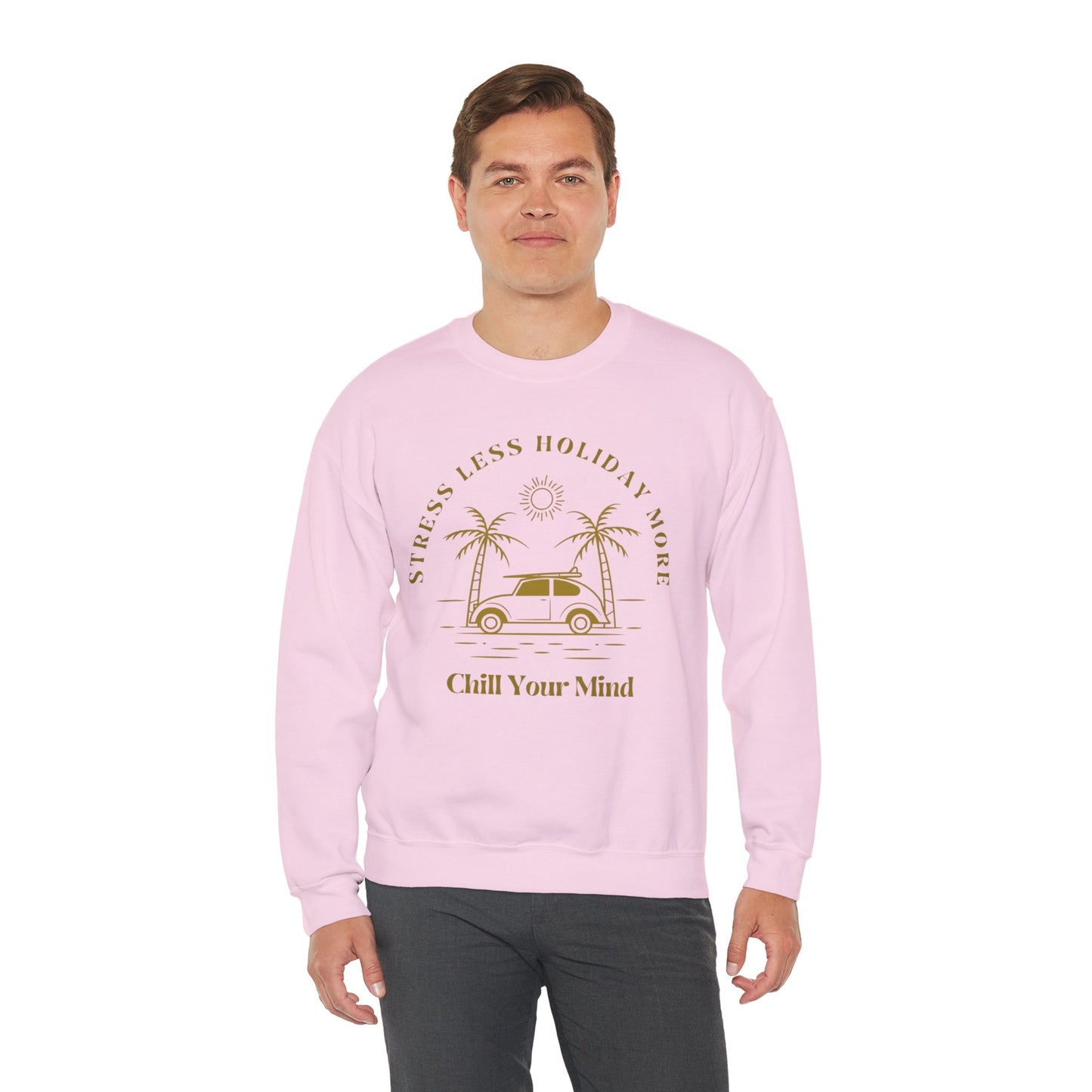 Stress Less Holiday Crewneck Sweatshirt, Relaxed Unisex Sweatshirt, Chill Your Mind Pullover, Vacation Vibe Apparel, Gift for Travelers