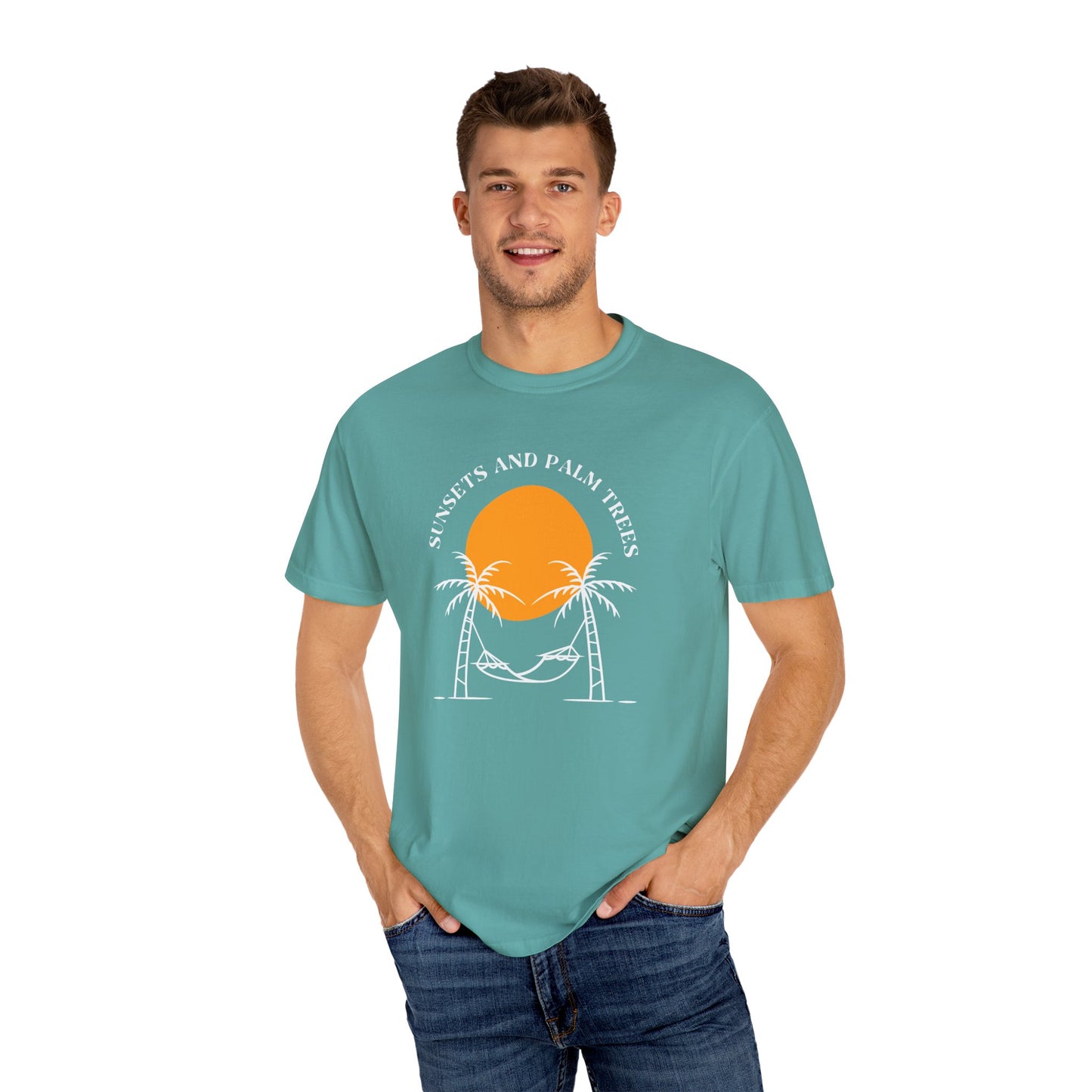 Sunset and Palm Trees T-shirt, Unisex Relaxed Tee, Summer Vibes Shirt, Vacation Attire, Beach Lover Gift, Casual Wear