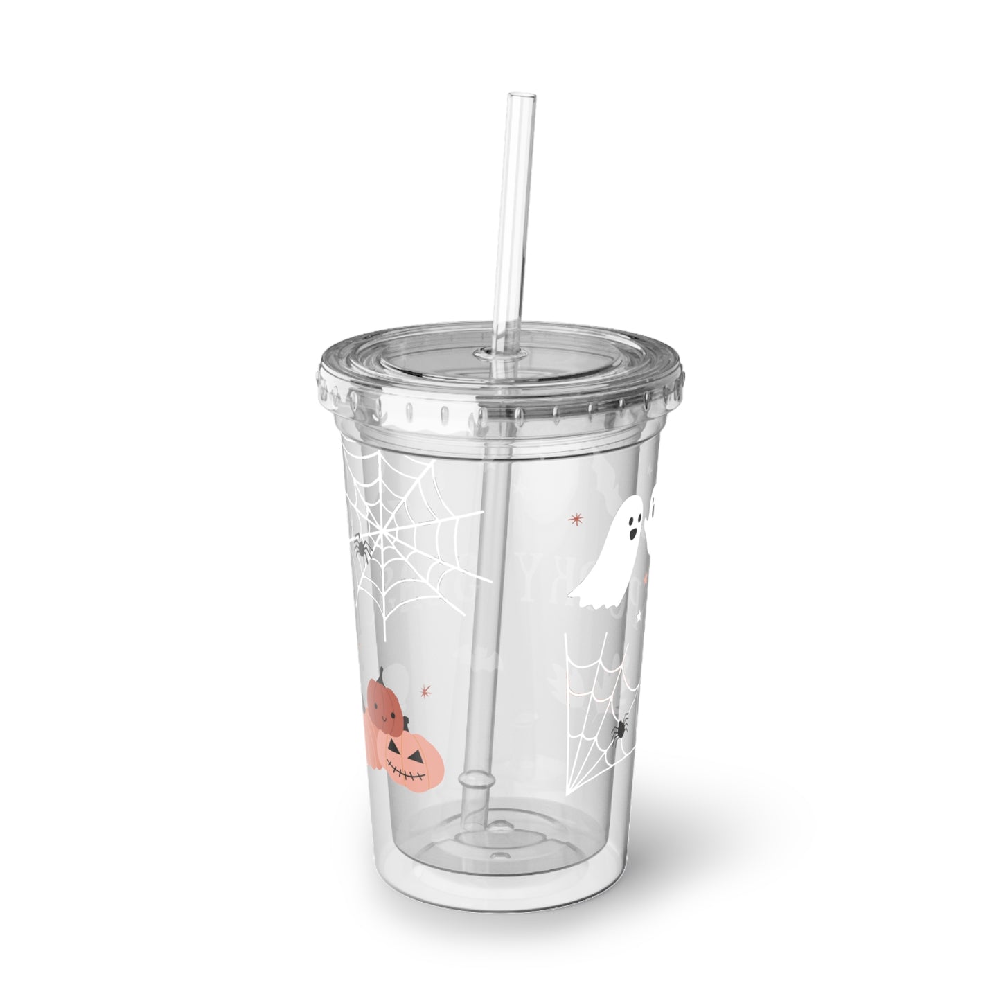 Halloween-Themed Acrylic Cup, Spooky Season Drinkware, Fall Party Tumbler, Ghosts and Pumpkins Cup, Autumn Decor