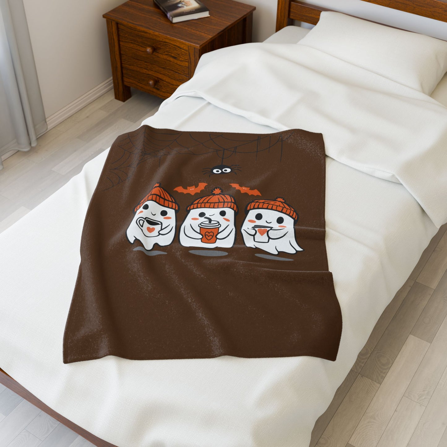Cute Halloween Ghosts Velveteen Plush Blanket | Cozy Throw for Fall, Indoor Decor, Gift for Kids, Halloween Decor, Ghost Lover