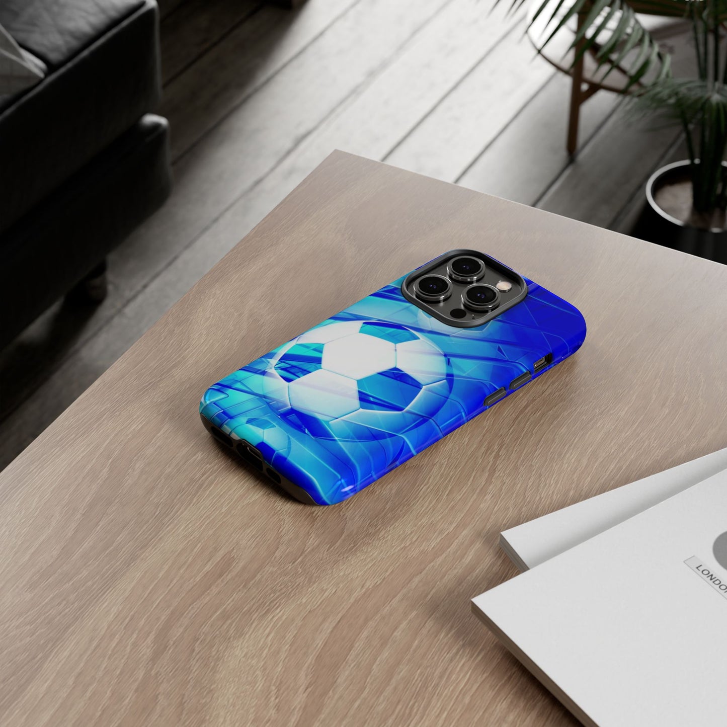 Soccer Phone Case with Tough Design, Blue Soccer Graphic Cover, Sporty Gift, Athletic Accessory, Youthful Decor, Durable Protection