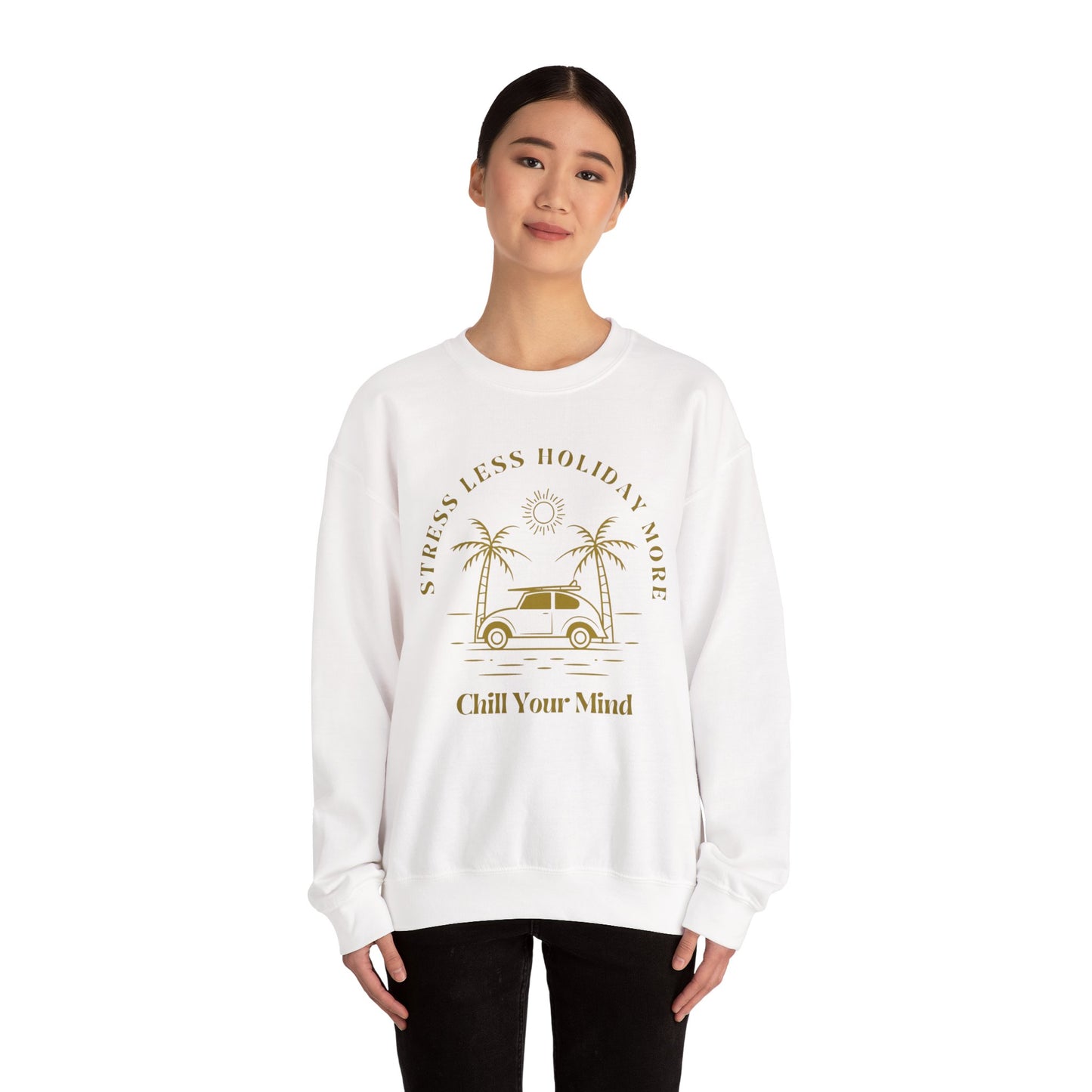 Stress Less Holiday Crewneck Sweatshirt, Relaxed Unisex Sweatshirt, Chill Your Mind Pullover, Vacation Vibe Apparel, Gift for Travelers
