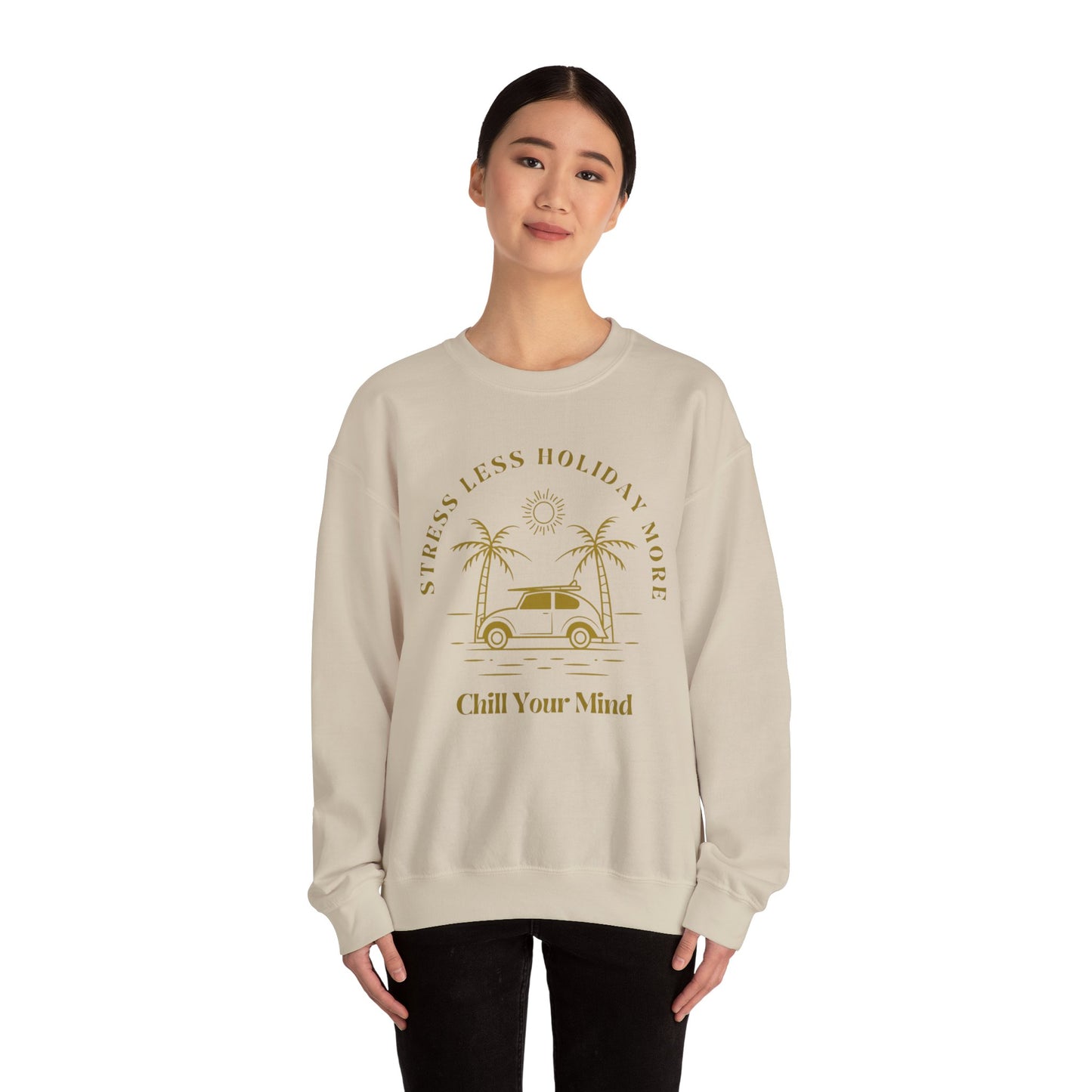 Stress Less Holiday Crewneck Sweatshirt, Relaxed Unisex Sweatshirt, Chill Your Mind Pullover, Vacation Vibe Apparel, Gift for Travelers