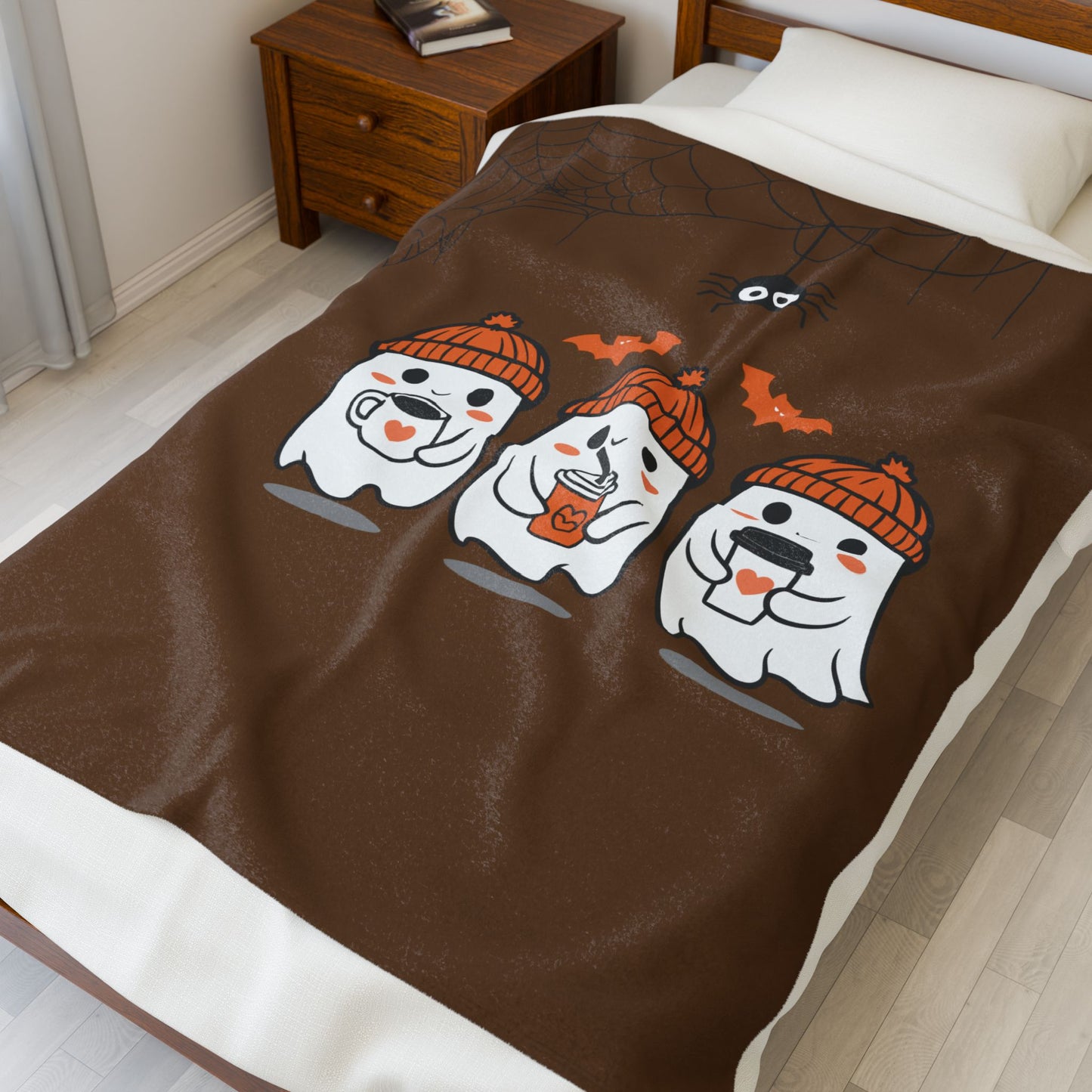 Cute Halloween Ghosts Velveteen Plush Blanket | Cozy Throw for Fall, Indoor Decor, Gift for Kids, Halloween Decor, Ghost Lover