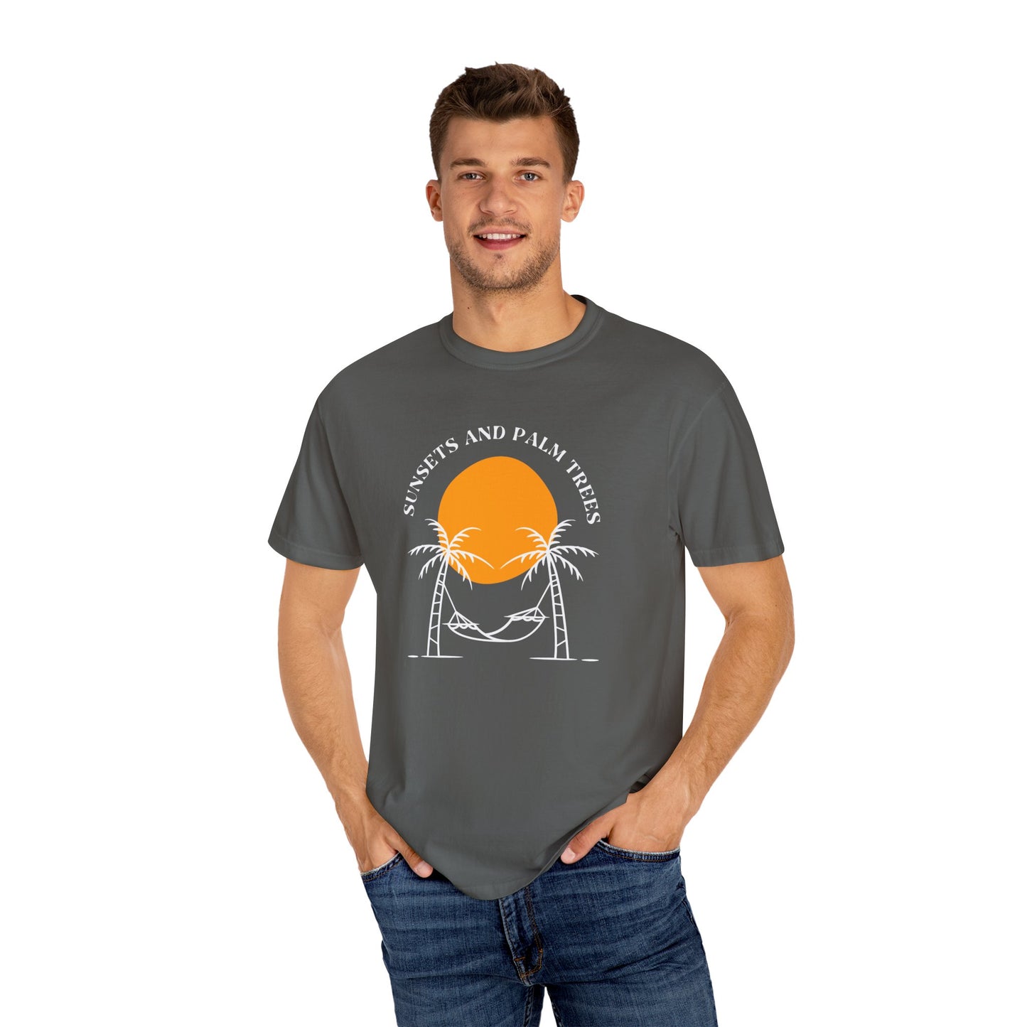 Sunset and Palm Trees T-shirt, Unisex Relaxed Tee, Summer Vibes Shirt, Vacation Attire, Beach Lover Gift, Casual Wear