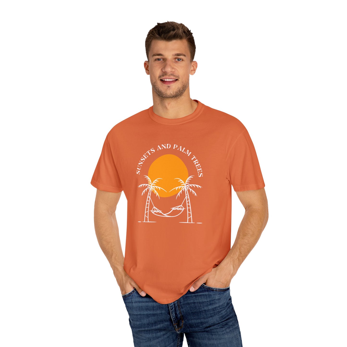 Sunset and Palm Trees T-shirt, Unisex Relaxed Tee, Summer Vibes Shirt, Vacation Attire, Beach Lover Gift, Casual Wear
