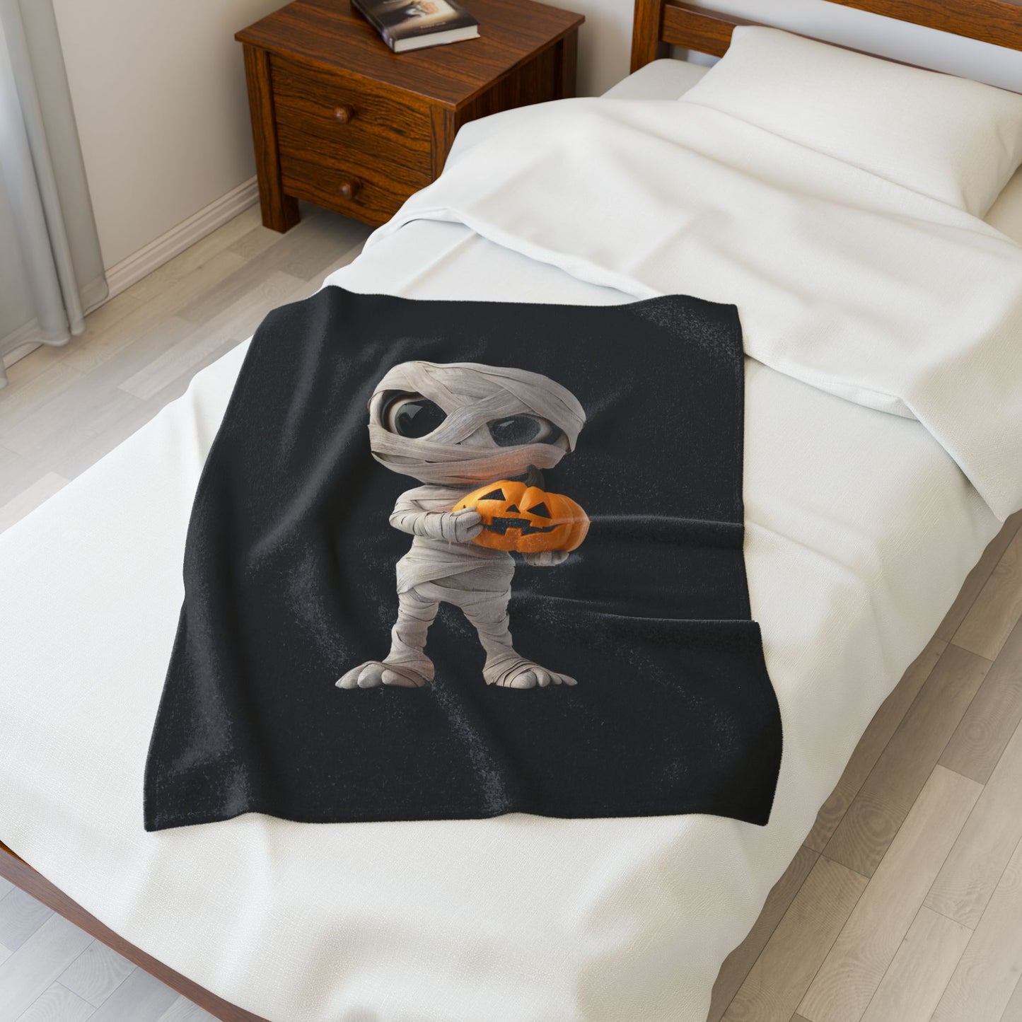 Mummy Pumpkin Halloween Blanket | Cozy Velveteen Plush Throw for Fall, Trick or Treat, Spooky Decor, Kid's Room, Halloween Gift