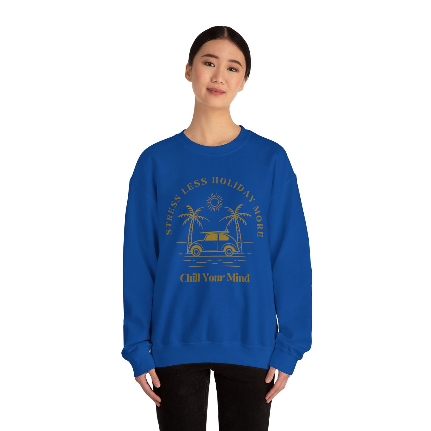 Stress Less Holiday Crewneck Sweatshirt, Relaxed Unisex Sweatshirt, Chill Your Mind Pullover, Vacation Vibe Apparel, Gift for Travelers