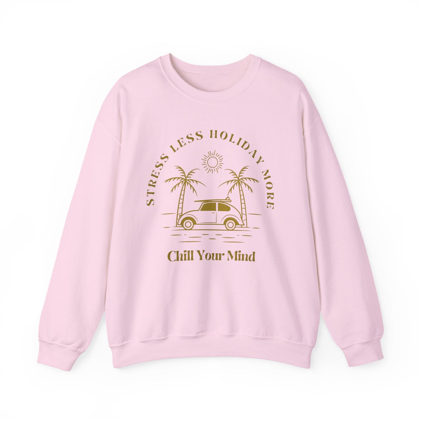 Stress Less Holiday Crewneck Sweatshirt, Relaxed Unisex Sweatshirt, Chill Your Mind Pullover, Vacation Vibe Apparel, Gift for Travelers