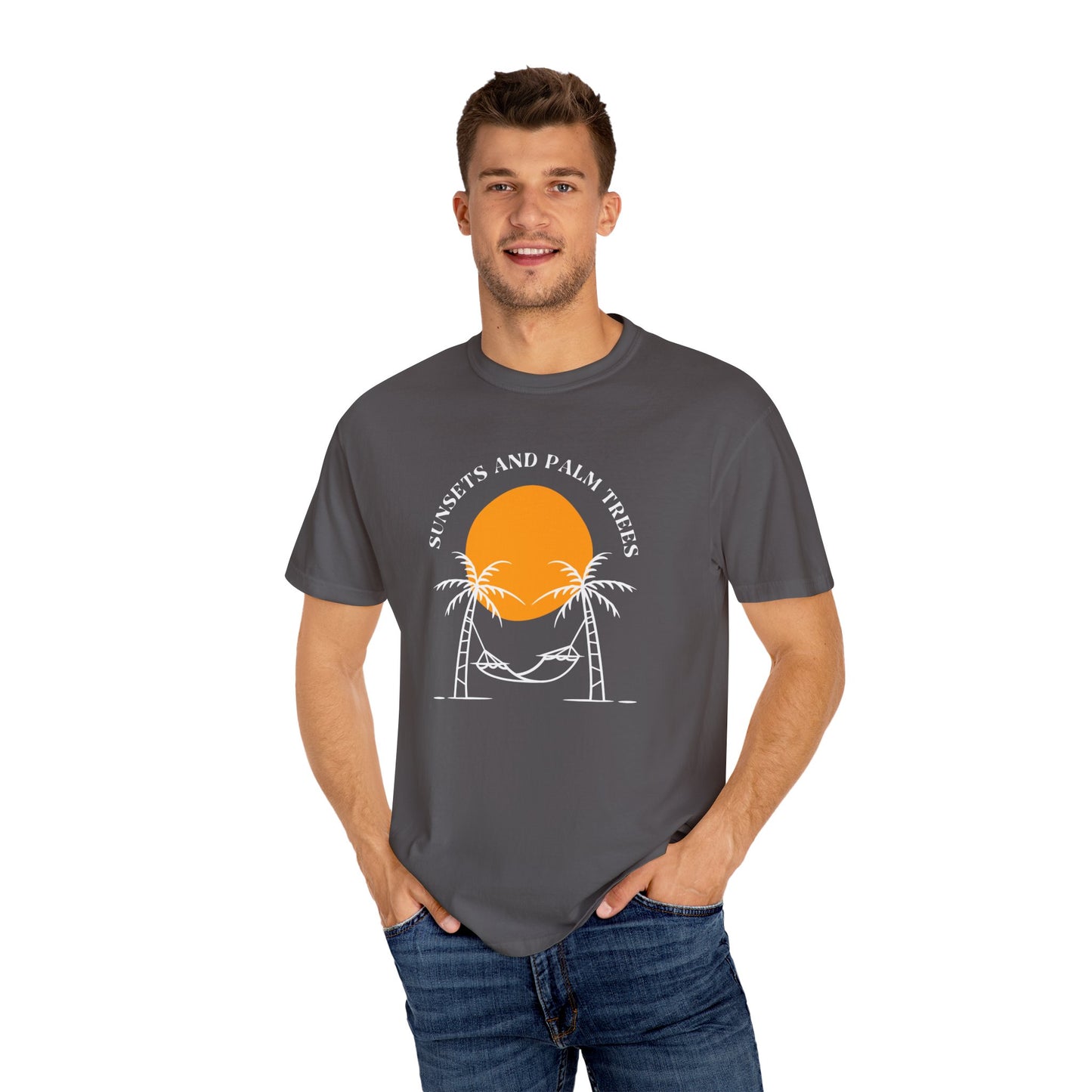 Sunset and Palm Trees T-shirt, Unisex Relaxed Tee, Summer Vibes Shirt, Vacation Attire, Beach Lover Gift, Casual Wear
