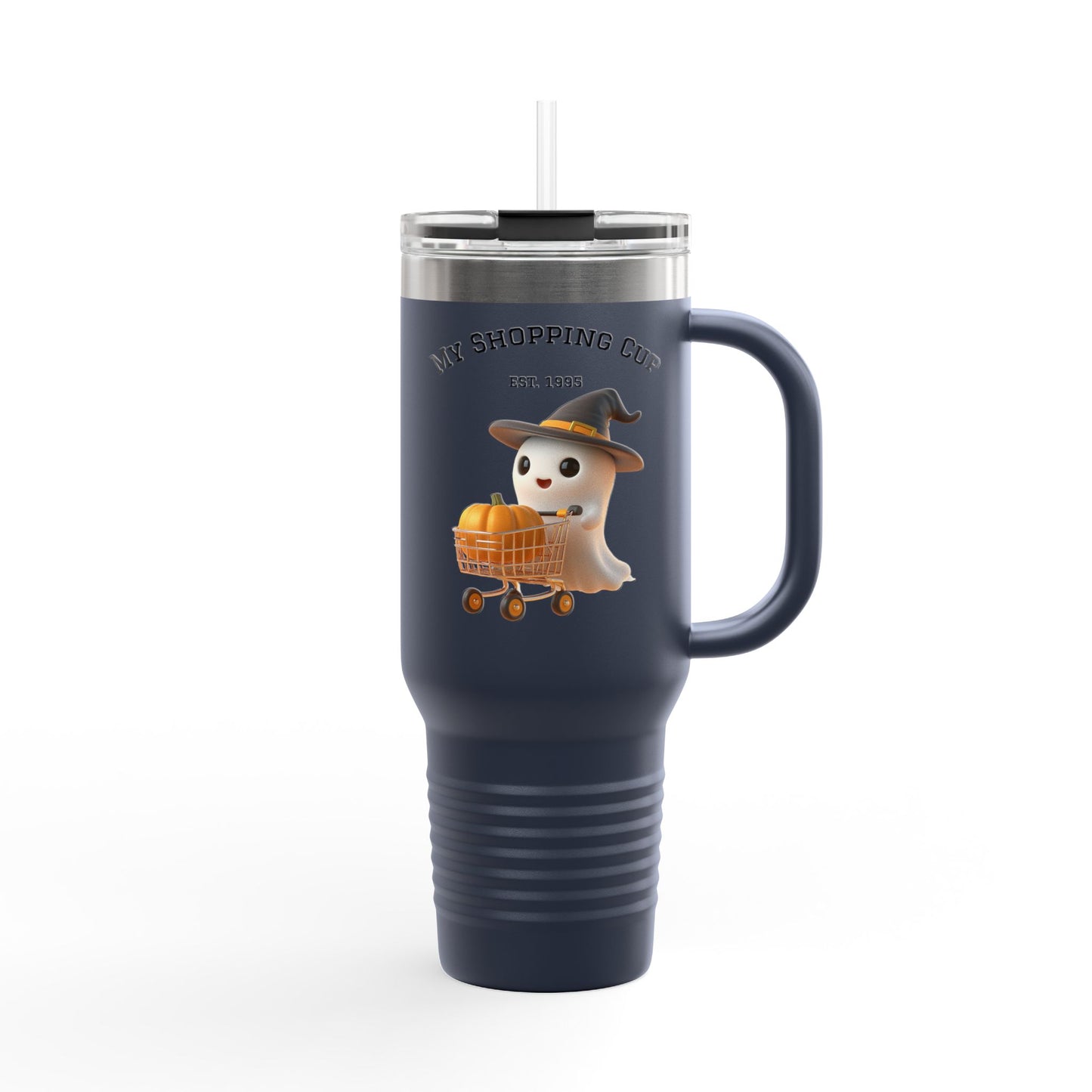 Halloween Insulated Travel Mug, 40oz | Ghost Shopper Coffee Cup | Perfect for Fall, Gifts, Haunted House Parties, Seasonal Drinkware