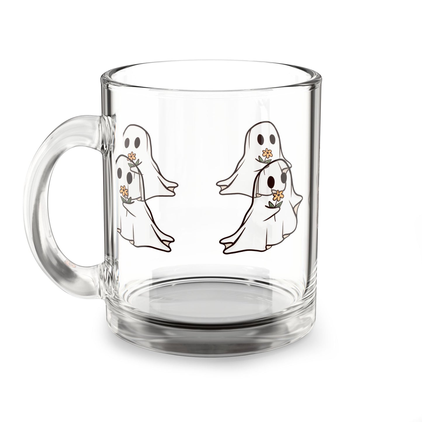 Cute Ghosts Glass Mug, 10oz with Halloween Theme, Perfect for Coffee, Tea, Spooky Season, Gifts for Ghoul Lovers, Autumn Decor
