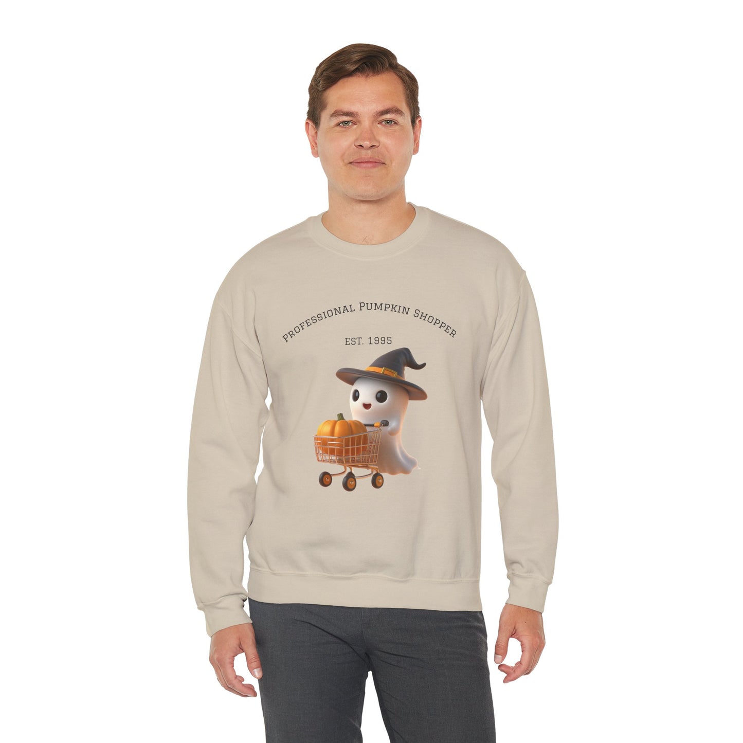 Cute Halloween Ghost Shopper Sweatshirt - Professional Pumpkin Shopper, Cozy Fall Apparel, Unisex Sweatshirt, Halloween Gift, Seasonal Fashion