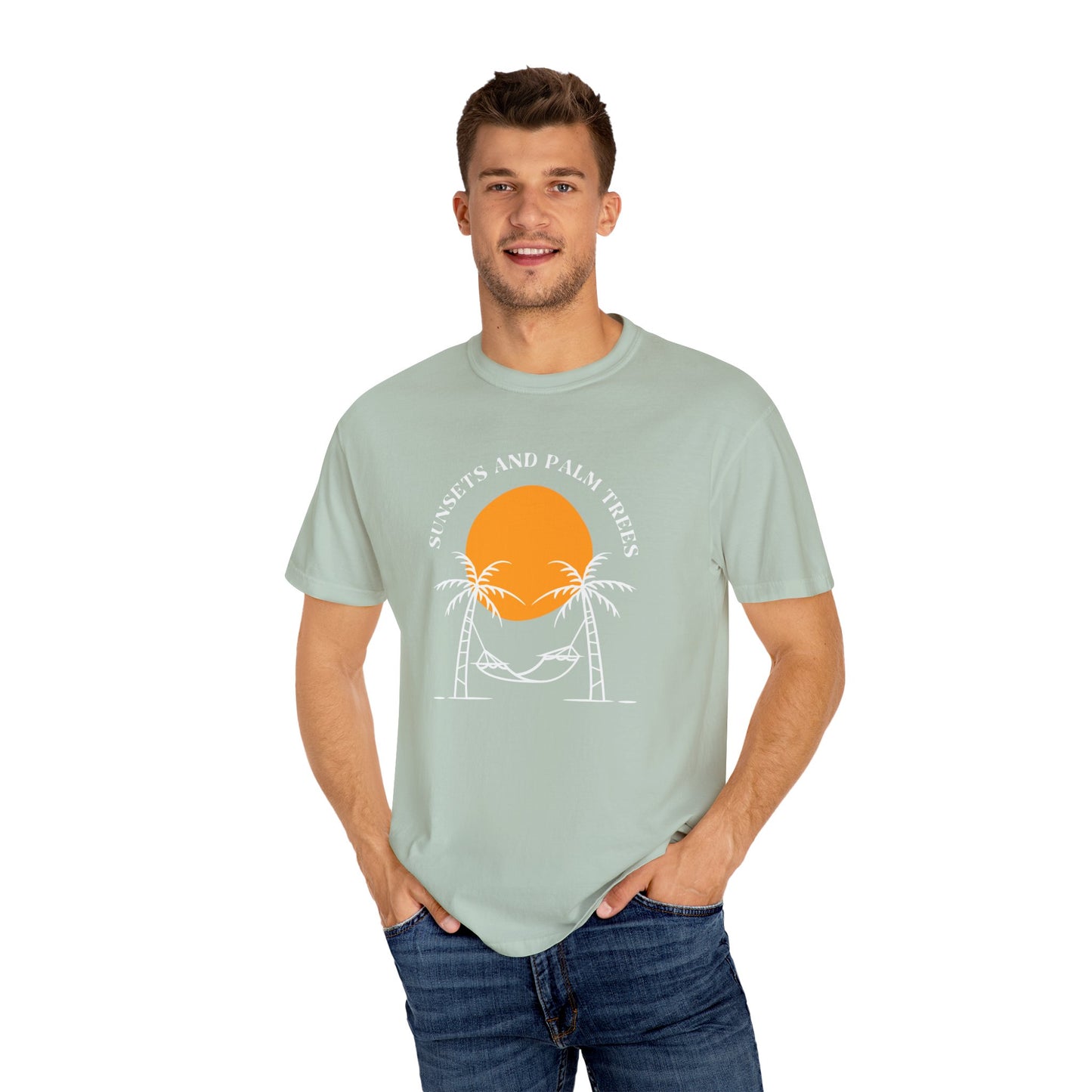 Sunset and Palm Trees T-shirt, Unisex Relaxed Tee, Summer Vibes Shirt, Vacation Attire, Beach Lover Gift, Casual Wear