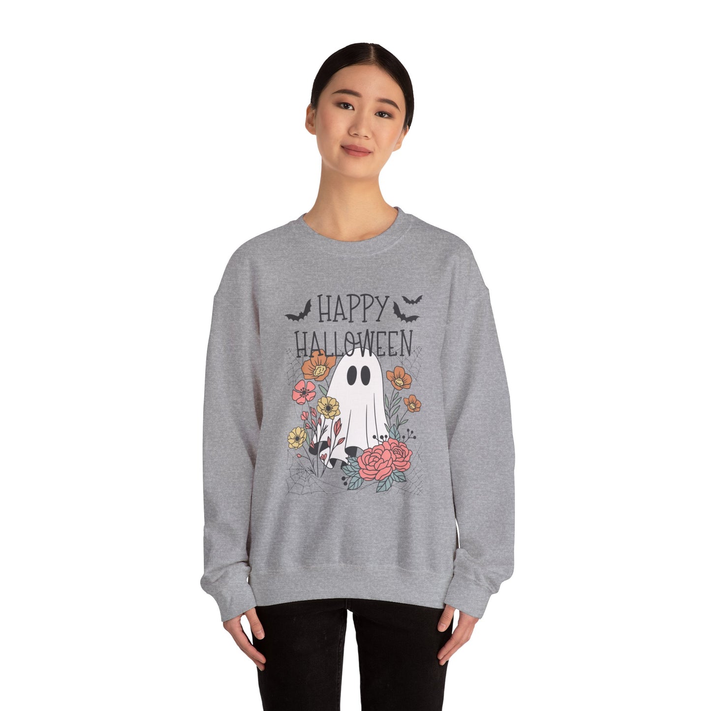 Happy Halloween Ghost Sweatshirt, Unisex Crewneck, Cozy Fall Apparel, Perfect Halloween Gift, Autumn Fashion, Spooky Season