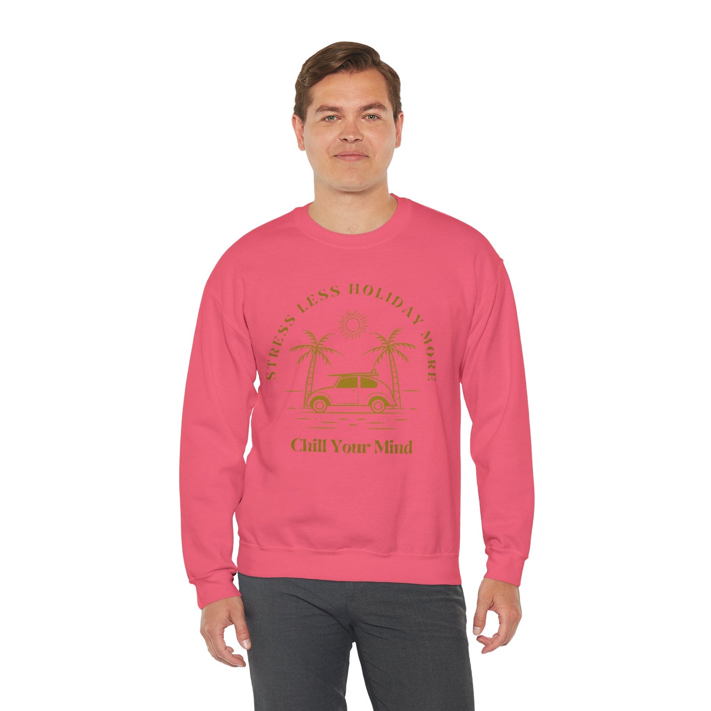 Stress Less Holiday Crewneck Sweatshirt, Relaxed Unisex Sweatshirt, Chill Your Mind Pullover, Vacation Vibe Apparel, Gift for Travelers