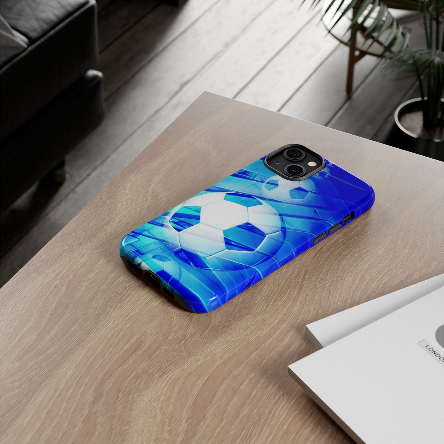 Soccer Phone Case with Tough Design, Blue Soccer Graphic Cover, Sporty Gift, Athletic Accessory, Youthful Decor, Durable Protection
