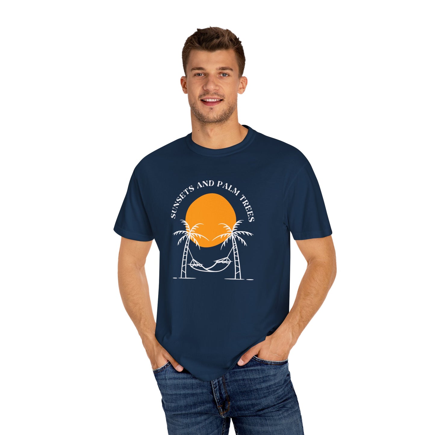 Sunset and Palm Trees T-shirt, Unisex Relaxed Tee, Summer Vibes Shirt, Vacation Attire, Beach Lover Gift, Casual Wear