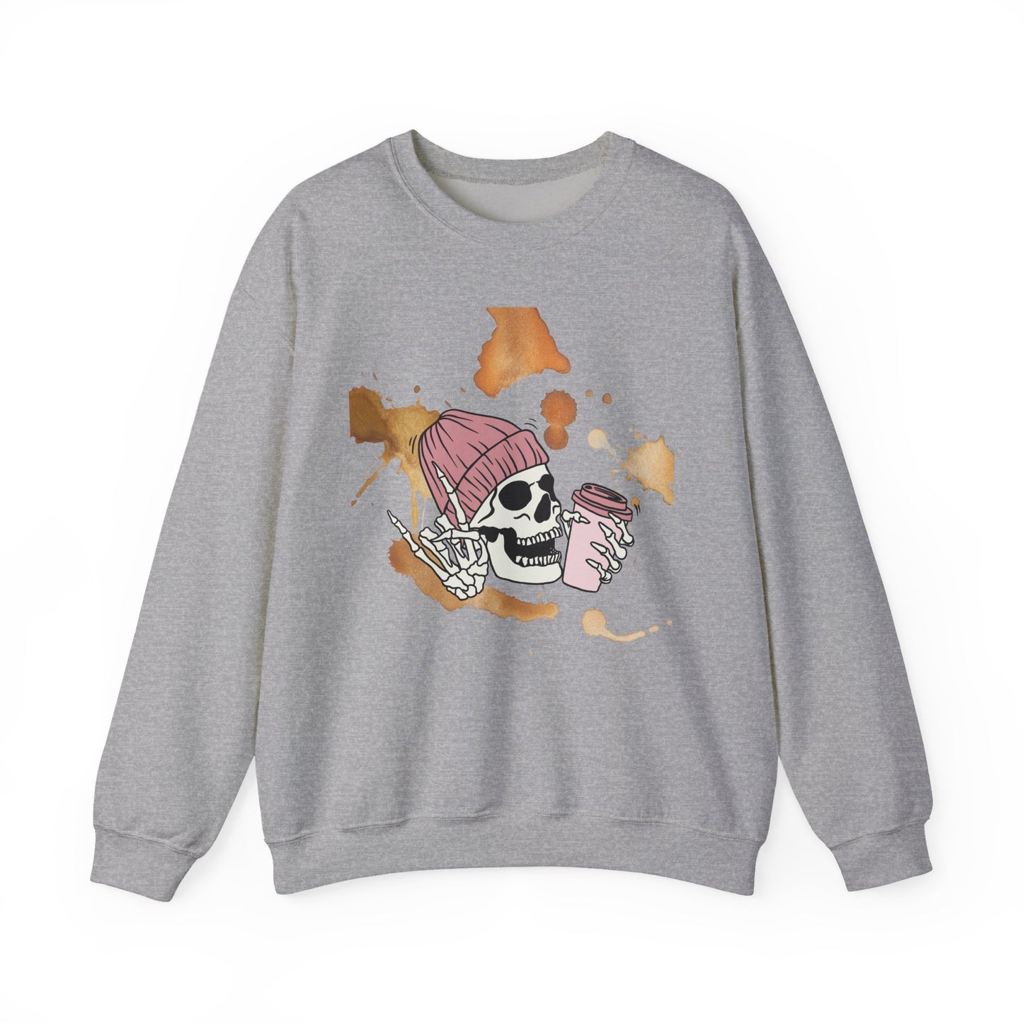Cool Skull Coffee Sweatshirt, Unisex Crewneck Pullover, Halloween Gift, Cozy Sweatshirt, Edgy Halloween Apparel, Casual Style