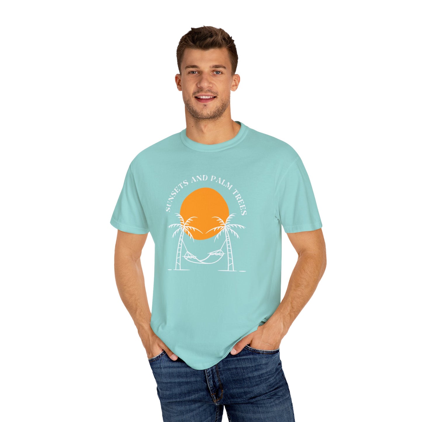 Sunset and Palm Trees T-shirt, Unisex Relaxed Tee, Summer Vibes Shirt, Vacation Attire, Beach Lover Gift, Casual Wear