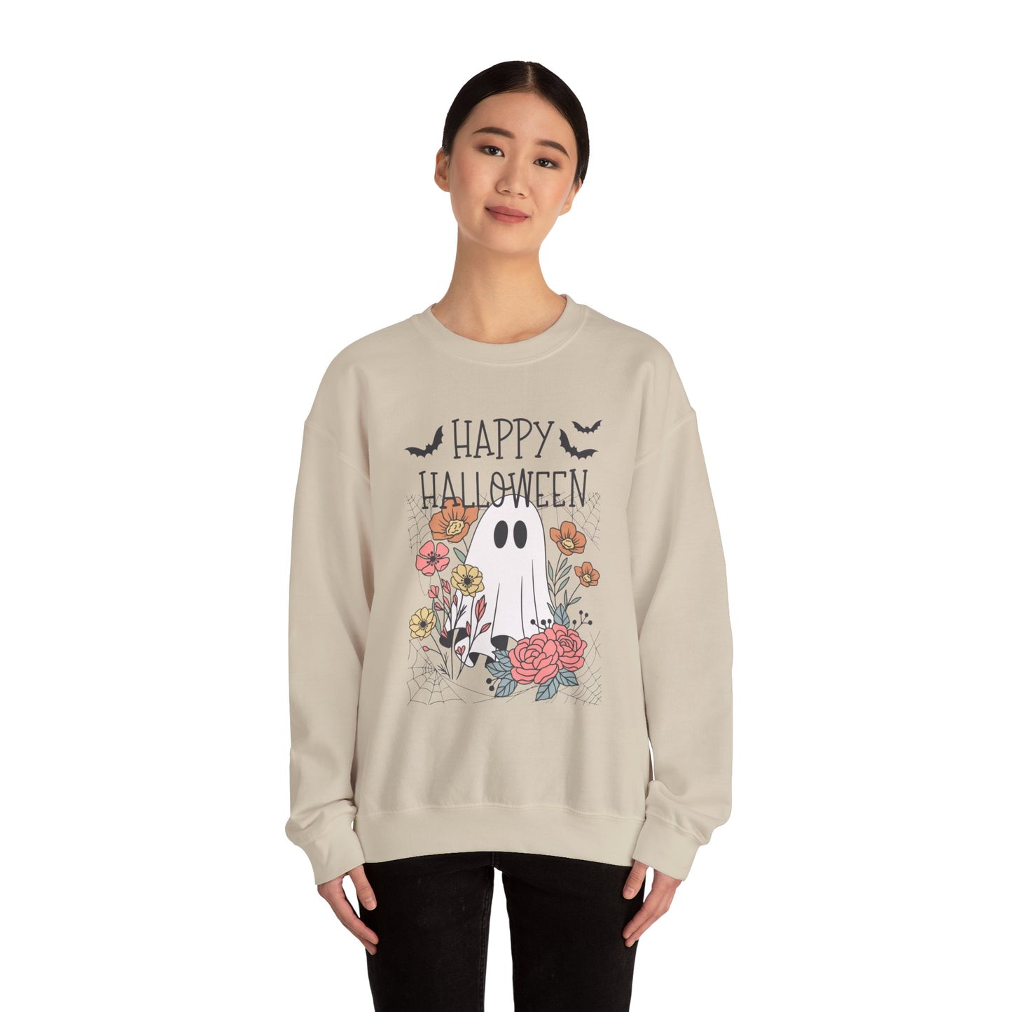 Happy Halloween Ghost Sweatshirt, Unisex Crewneck, Cozy Fall Apparel, Perfect Halloween Gift, Autumn Fashion, Spooky Season