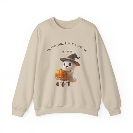 Cute Halloween Ghost Shopper Sweatshirt - Professional Pumpkin Shopper, Cozy Fall Apparel, Unisex Sweatshirt, Halloween Gift, Seasonal Fashion