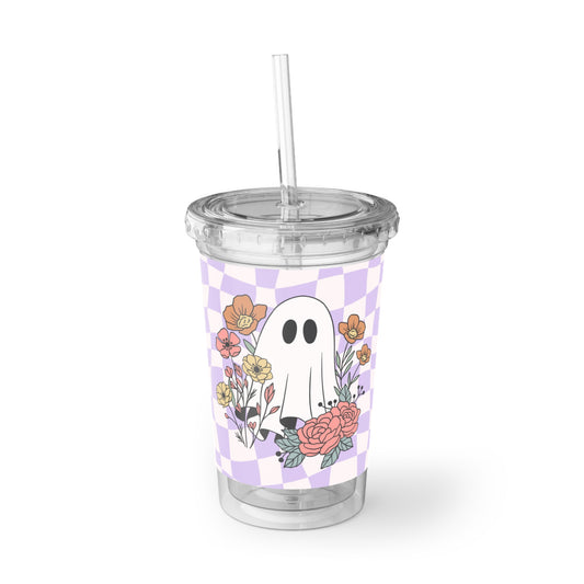 Charming Ghost Acrylic Cup, Cute Drinkware, Floral Travel Tumbler, Halloween Cup, Gift for Ghoulish Friends